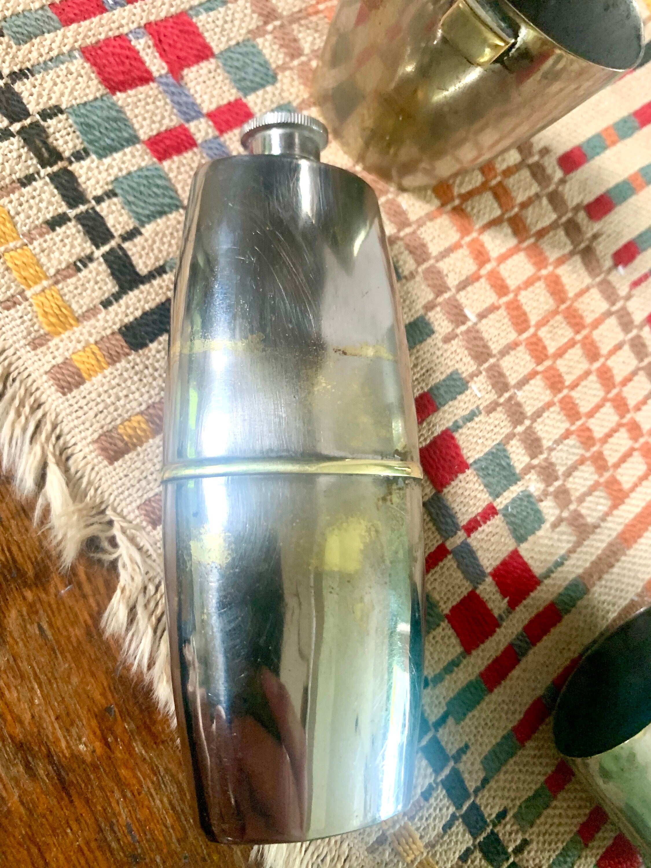 Antique Unique French Metal Flask With Cups | Made In France Distressed Flask | Rustic French Flask | Unique Flask