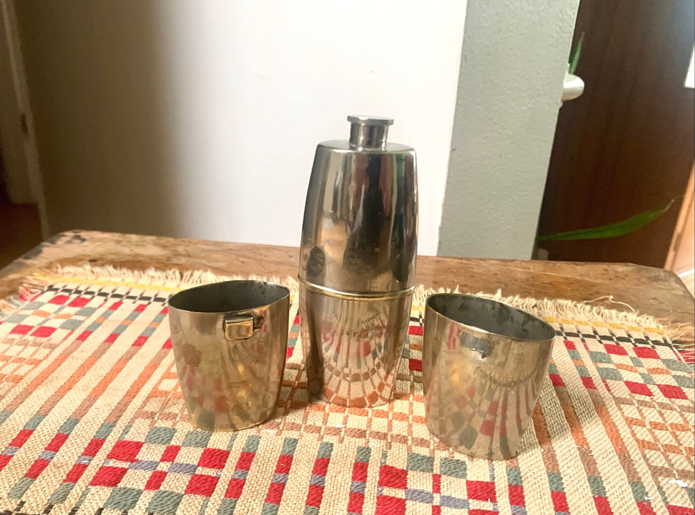 Antique Unique French Metal Flask With Cups | Made In France Distressed Flask | Rustic French Flask | Unique Flask