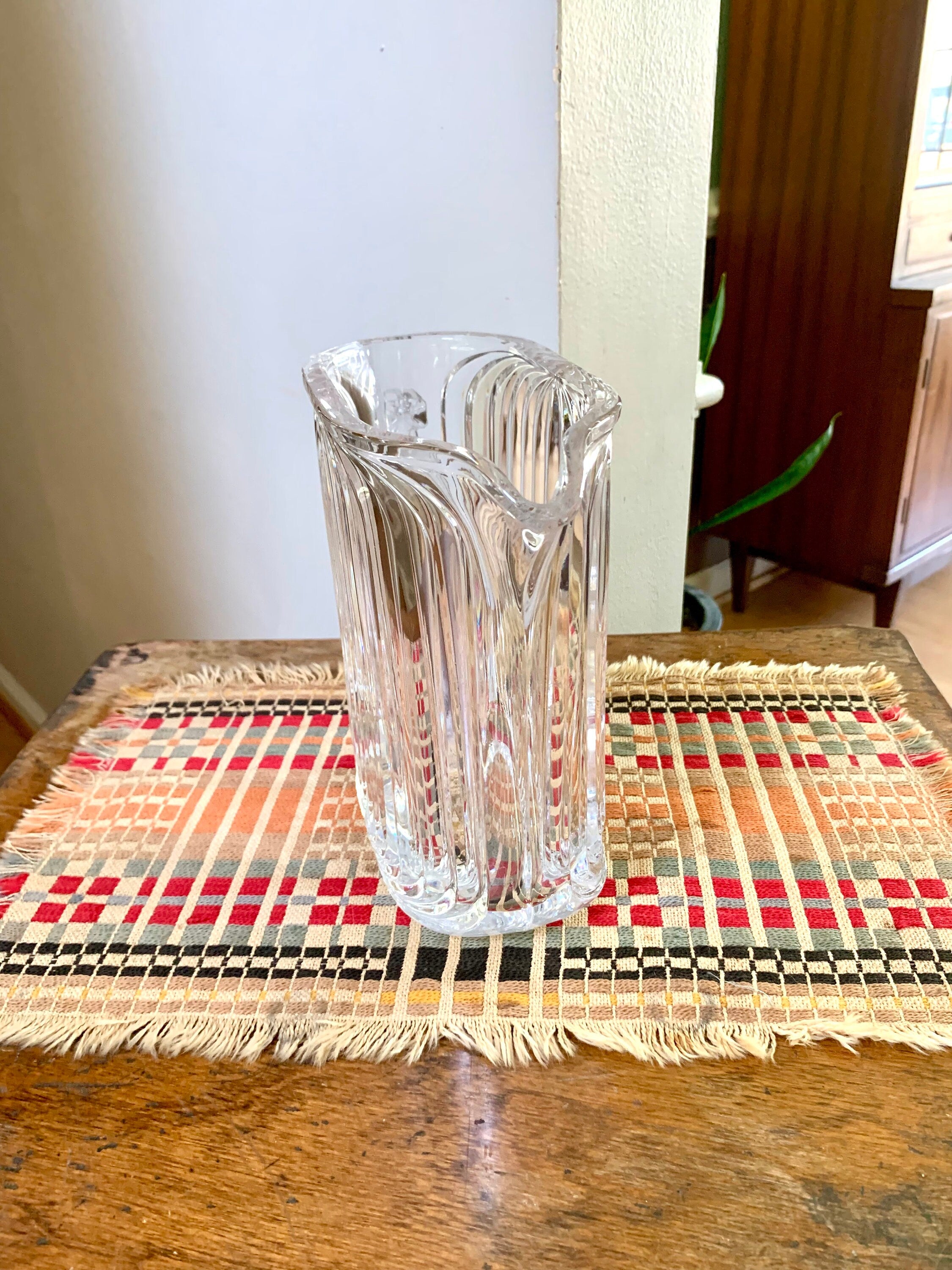 Vtg Cut Crystal Pitcher | Contemporary Crystal Pitcher | Ribbed Crystal Pitcher | MCM Barware | Bar Pitcher
