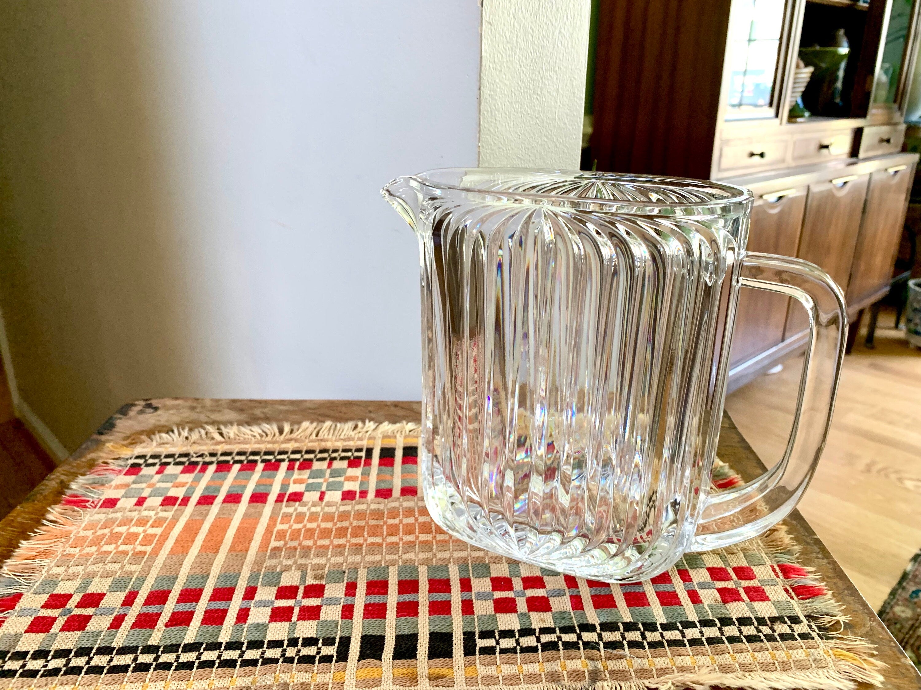 Vtg Cut Crystal Pitcher | Contemporary Crystal Pitcher | Ribbed Crystal Pitcher | MCM Barware | Bar Pitcher