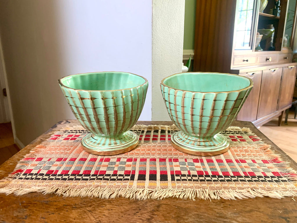 Vtg Pair of Hull Capri Green and Gold Footed Planter | Hull 45 Pottery | Capri and Gold Ribbed Pottery Planters | Hull 45 Pottery Vase