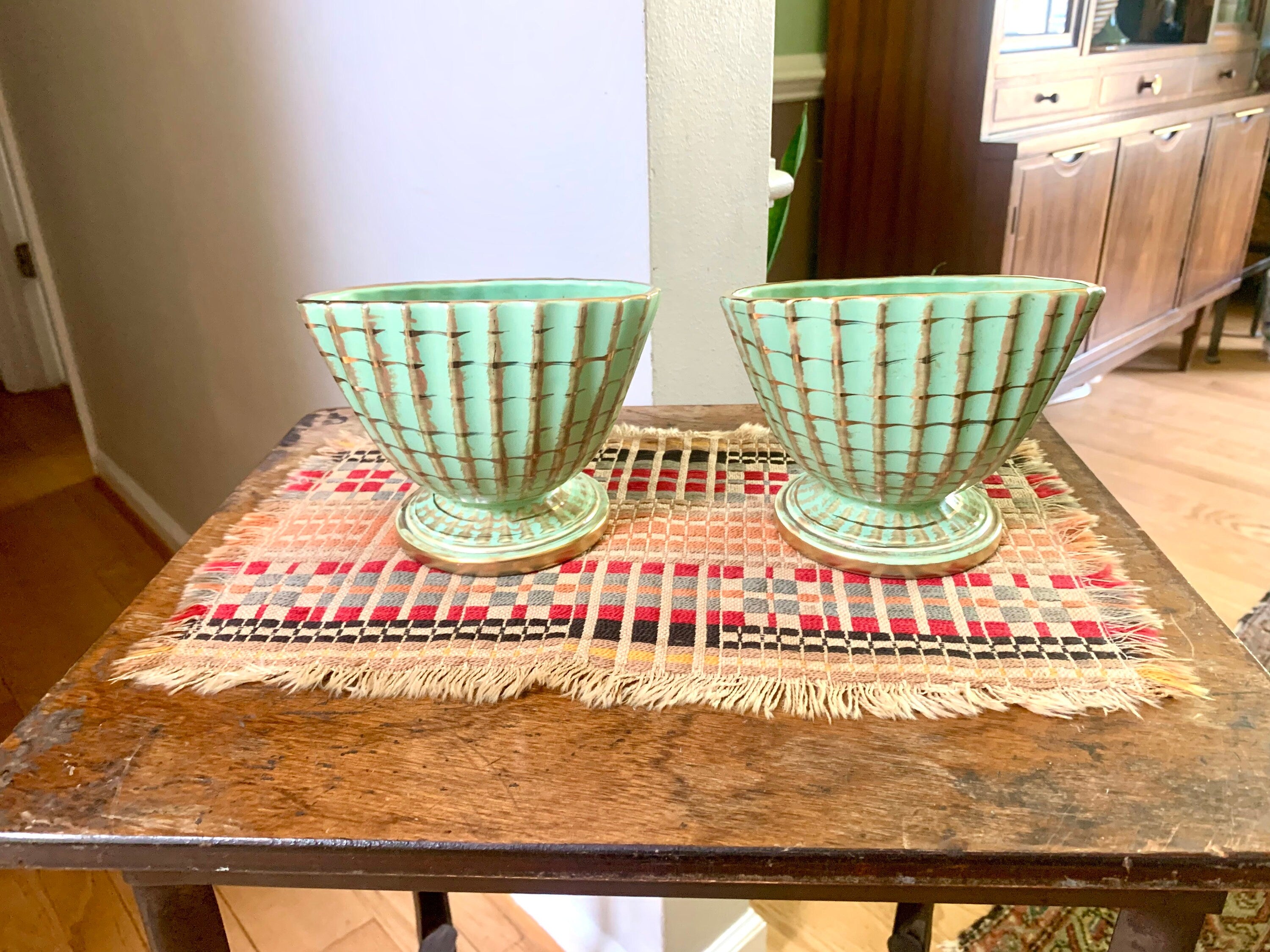Vtg Pair of Hull Capri Green and Gold Footed Planter | Hull 45 Pottery | Capri and Gold Ribbed Pottery Planters | Hull 45 Pottery Vase