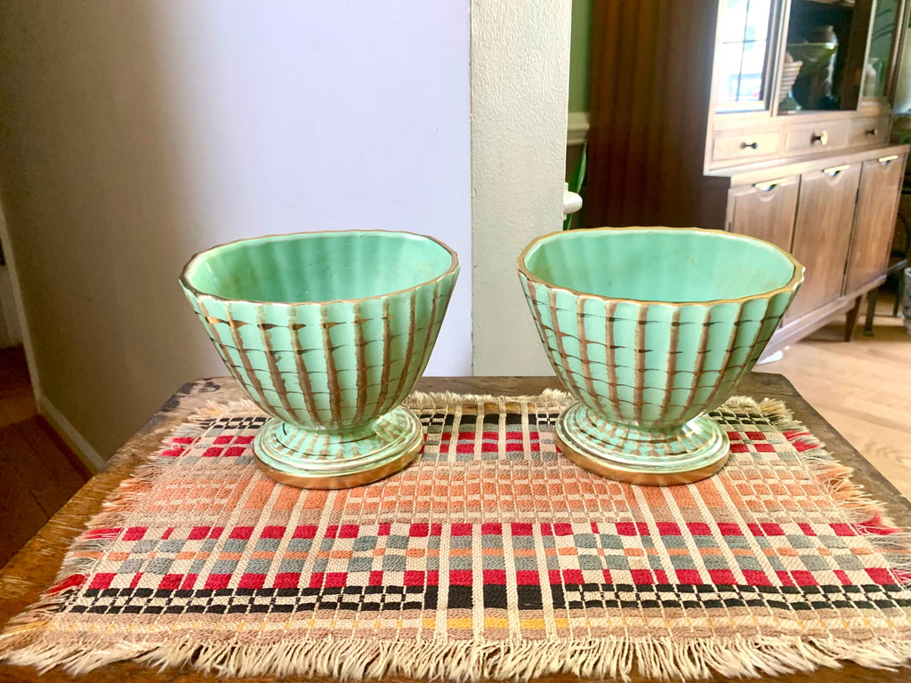Vtg Pair of Hull Capri Green and Gold Footed Planter | Hull 45 Pottery | Capri and Gold Ribbed Pottery Planters | Hull 45 Pottery Vase