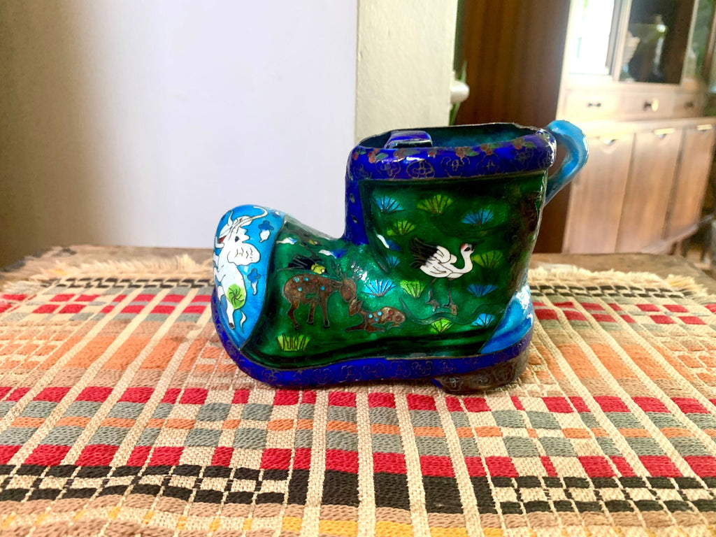 Vtg Chinese Brass Cloisonne Boot Ashtray | Decorative Cloisonne Boot Ashtray | Brass Boot Ashtray | Asian Cloisonne Ashtray
