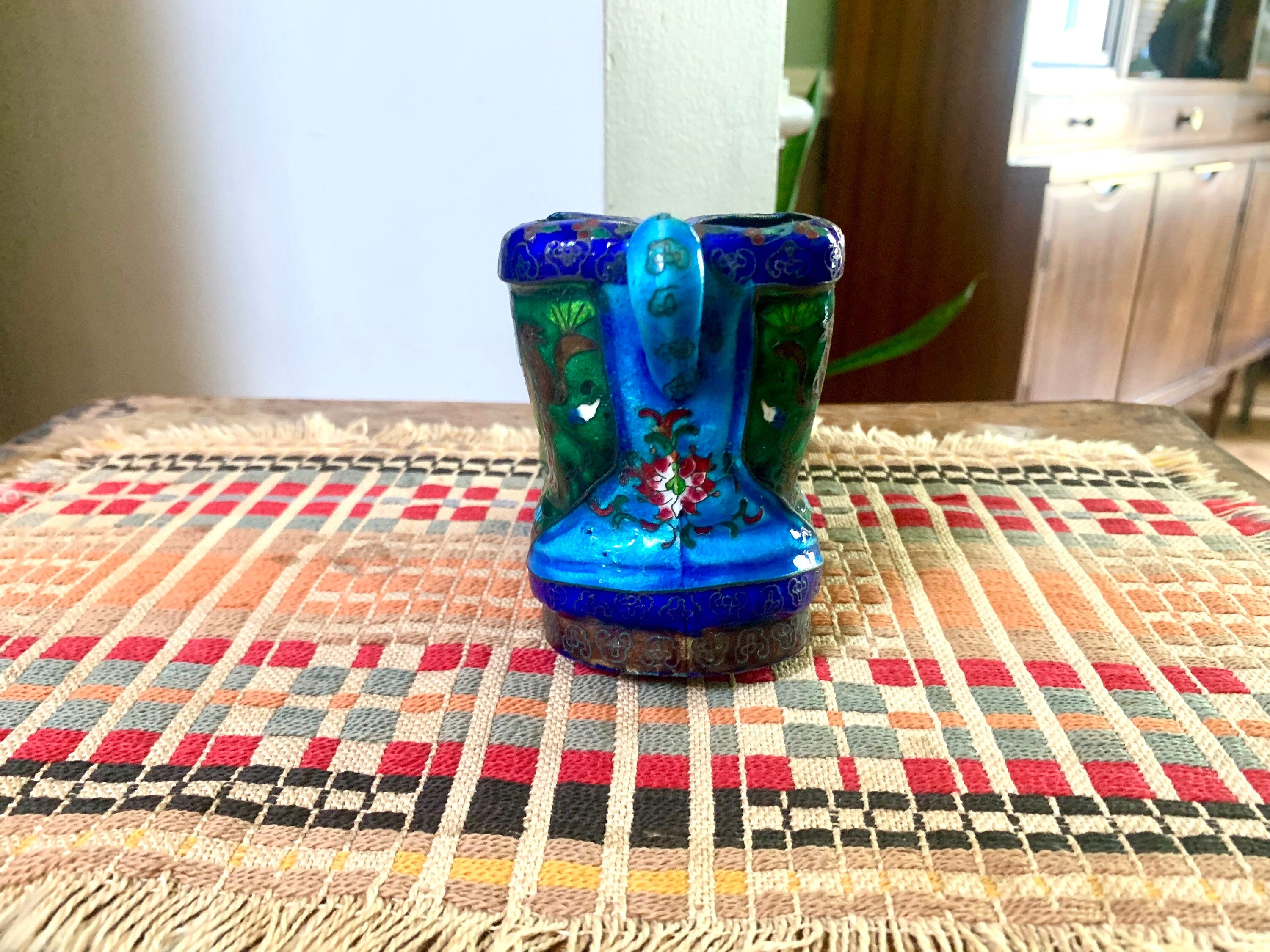 Vtg Chinese Brass Cloisonne Boot Ashtray | Decorative Cloisonne Boot Ashtray | Brass Boot Ashtray | Asian Cloisonne Ashtray