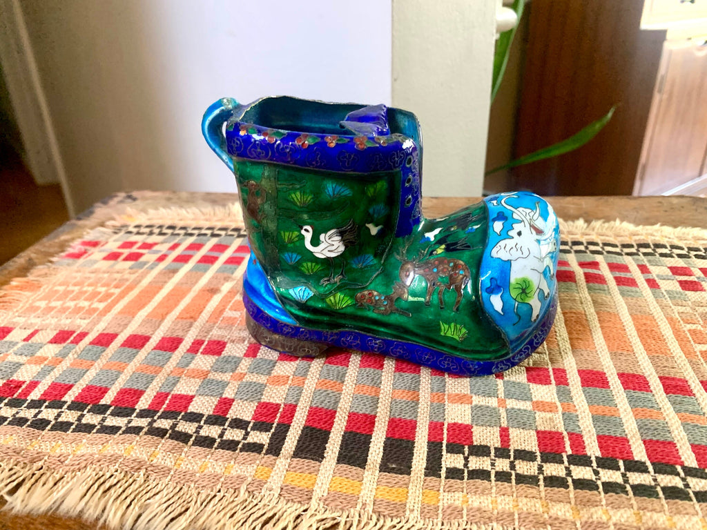 Vtg Chinese Brass Cloisonne Boot Ashtray | Decorative Cloisonne Boot Ashtray | Brass Boot Ashtray | Asian Cloisonne Ashtray