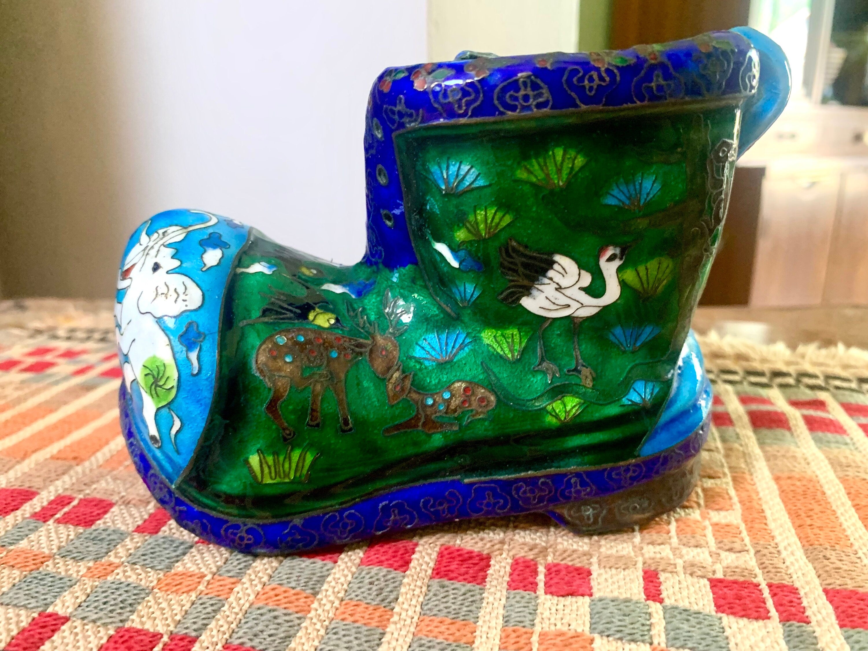 Vtg Chinese Brass Cloisonne Boot Ashtray | Decorative Cloisonne Boot Ashtray | Brass Boot Ashtray | Asian Cloisonne Ashtray