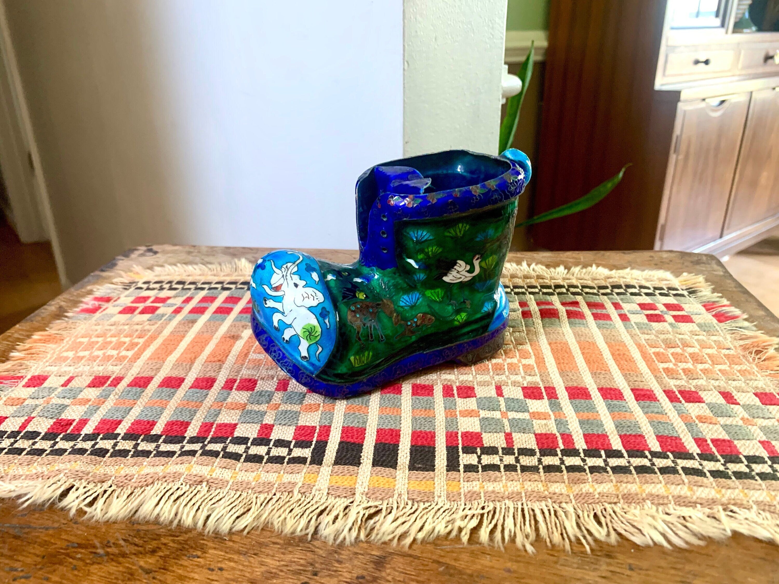 Vtg Chinese Brass Cloisonne Boot Ashtray | Decorative Cloisonne Boot Ashtray | Brass Boot Ashtray | Asian Cloisonne Ashtray