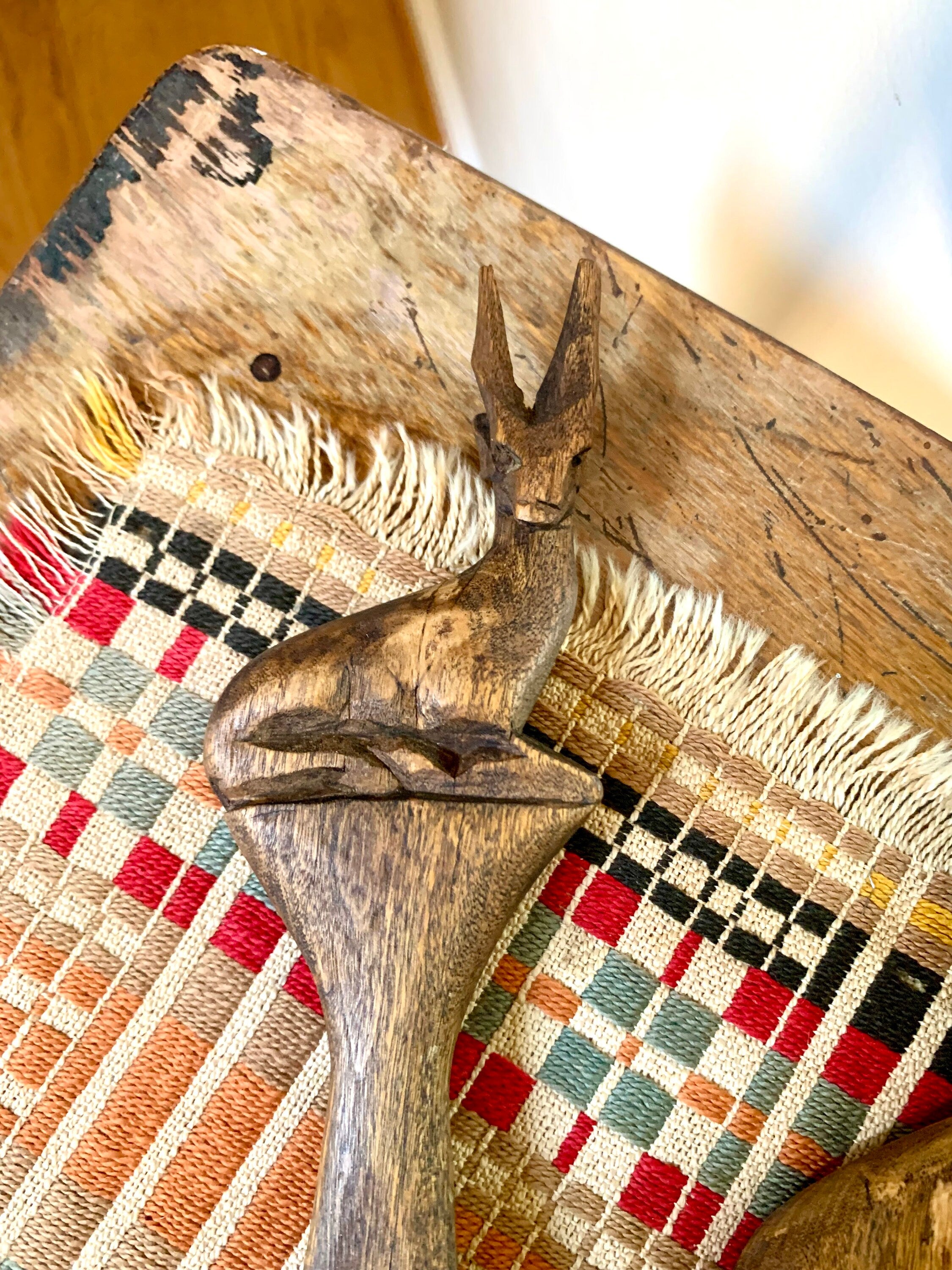 Vintage Hand Carved Wood Antelope Serving Utensils | Wooden Salad Fork and Spoon | Wood Antelope Utensils | MCM Antelope Fork and Spoon