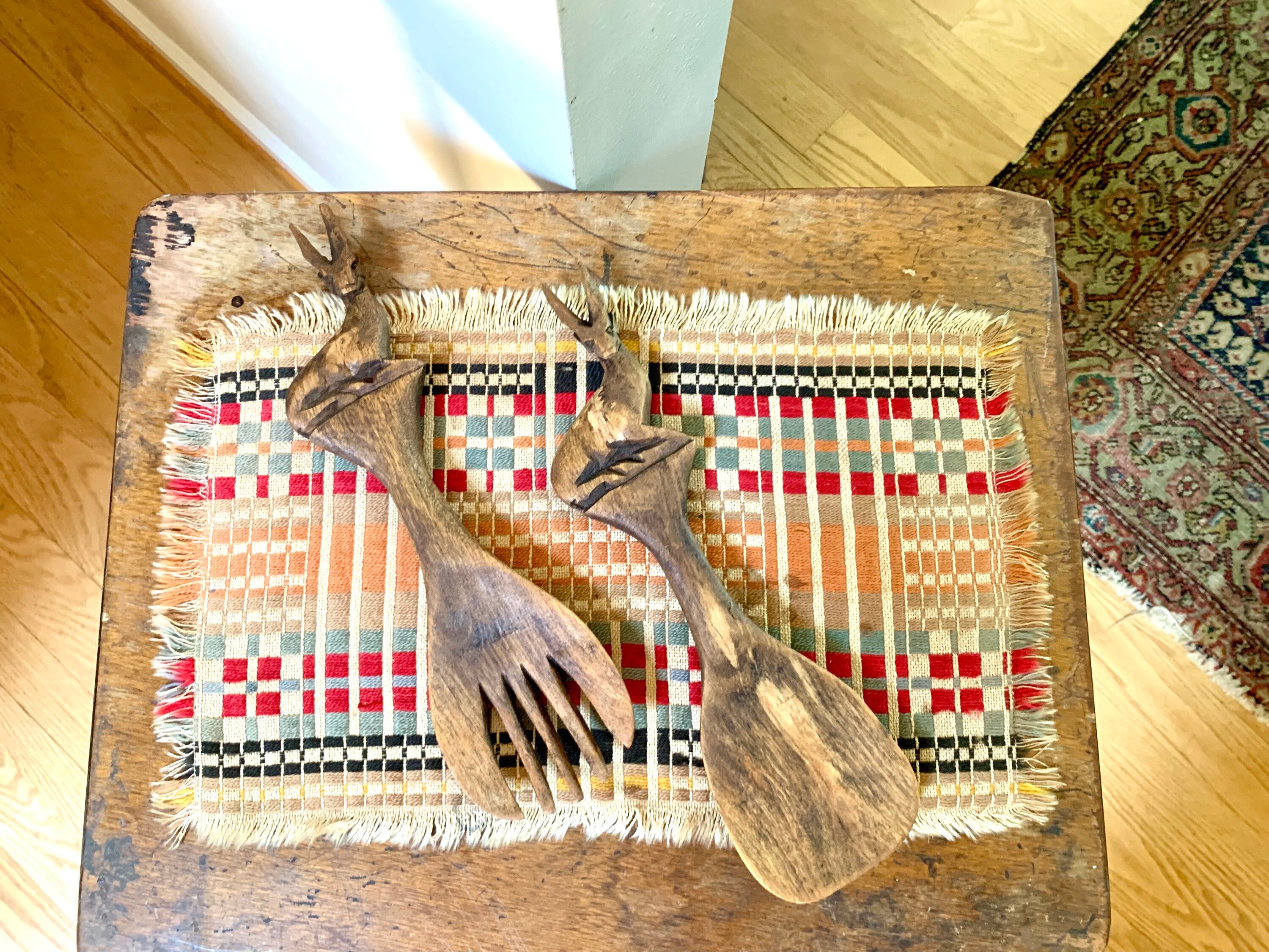 Vintage Hand Carved Wood Antelope Serving Utensils | Wooden Salad Fork and Spoon | Wood Antelope Utensils | MCM Antelope Fork and Spoon