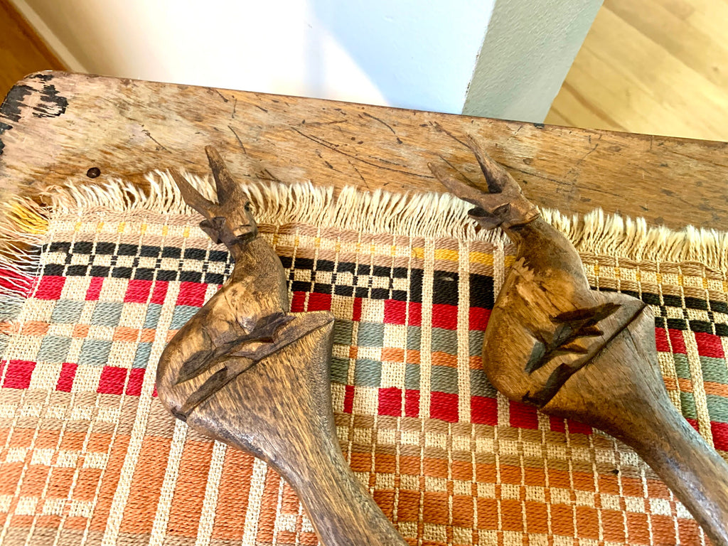 Vintage Hand Carved Wood Antelope Serving Utensils | Wooden Salad Fork and Spoon | Wood Antelope Utensils | MCM Antelope Fork and Spoon