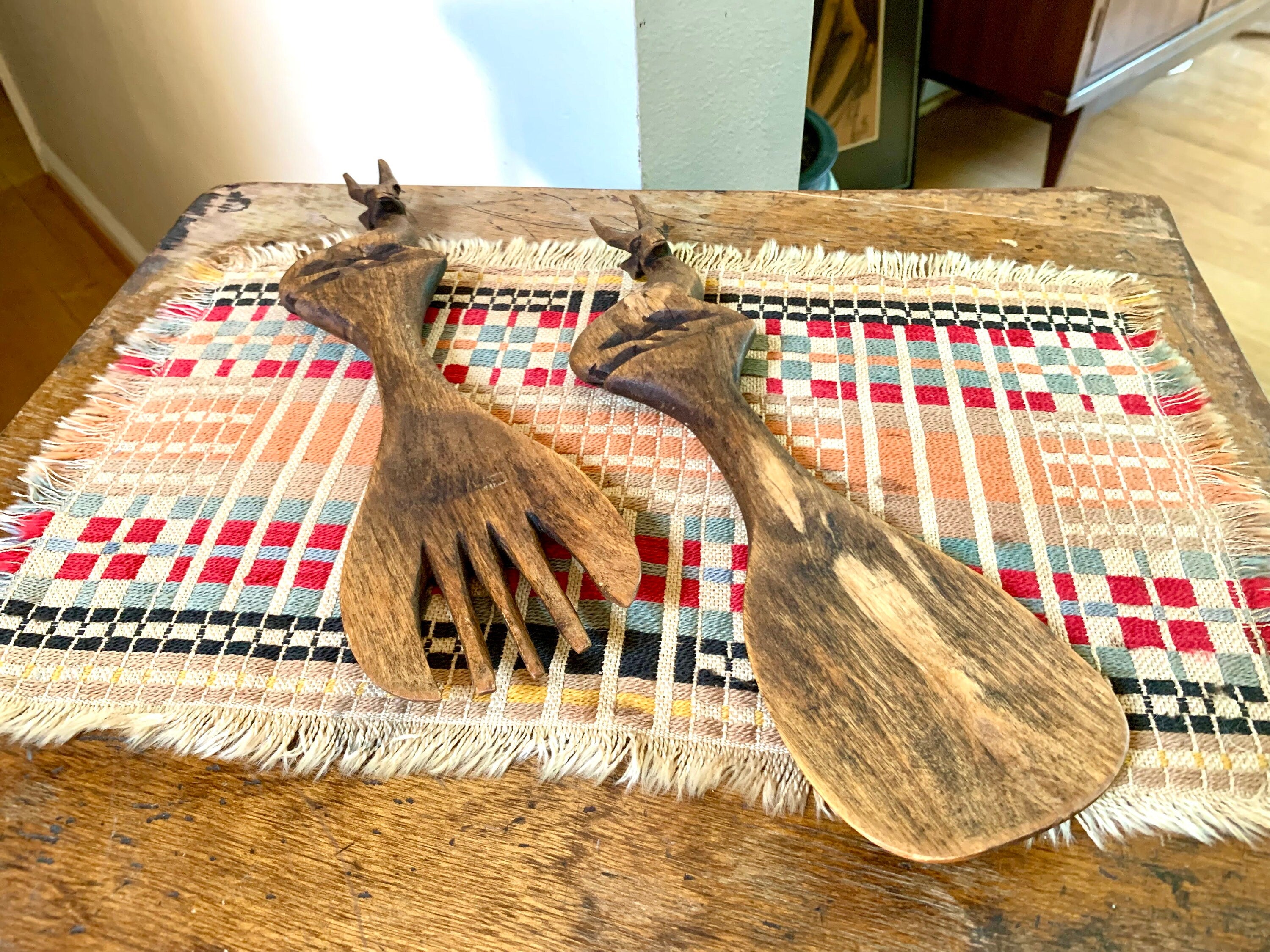 Vintage Hand Carved Wood Antelope Serving Utensils | Wooden Salad Fork and Spoon | Wood Antelope Utensils | MCM Antelope Fork and Spoon