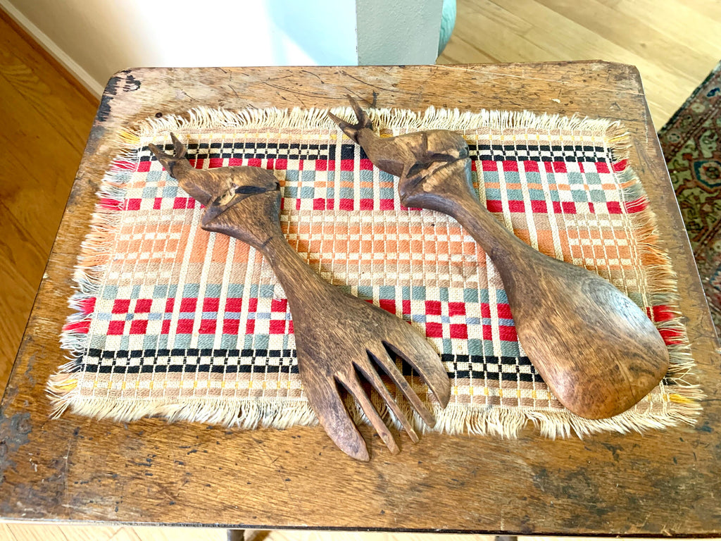 Vintage Hand Carved Wood Antelope Serving Utensils | Wooden Salad Fork and Spoon | Wood Antelope Utensils | MCM Antelope Fork and Spoon