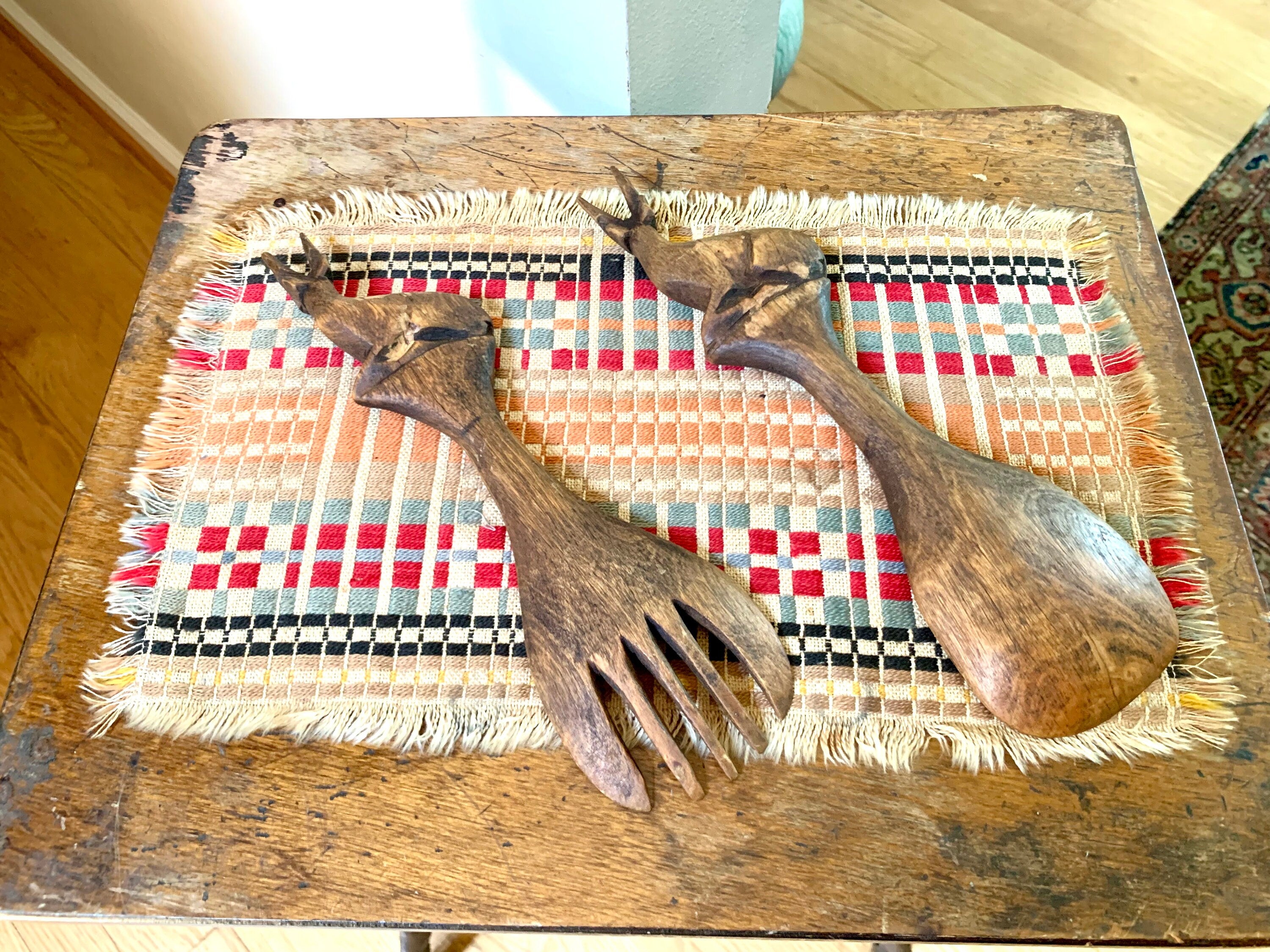 Vintage Hand Carved Wood Antelope Serving Utensils | Wooden Salad Fork and Spoon | Wood Antelope Utensils | MCM Antelope Fork and Spoon