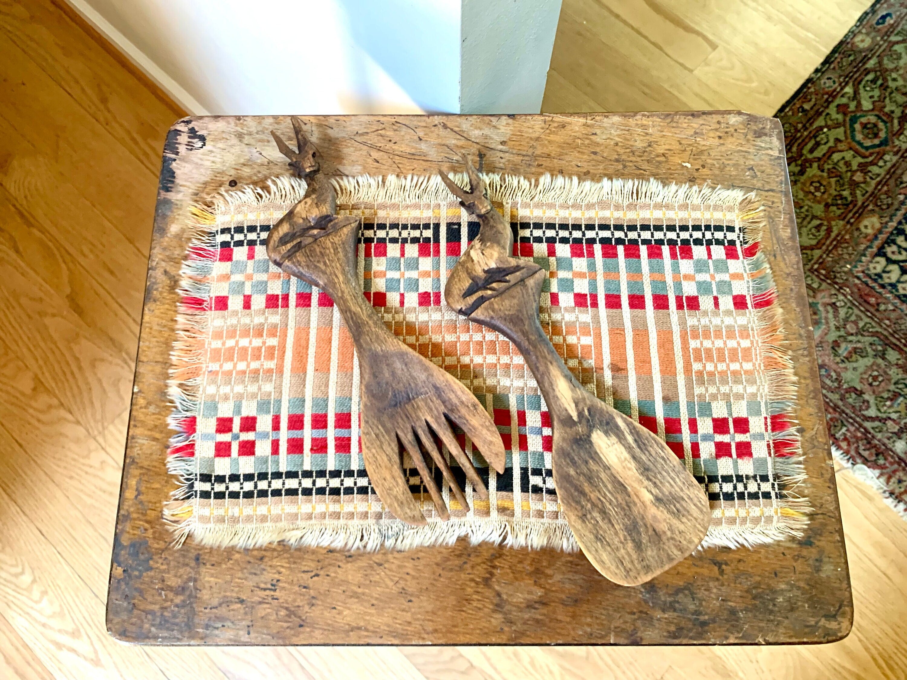 Vintage Hand Carved Wood Antelope Serving Utensils | Wooden Salad Fork and Spoon | Wood Antelope Utensils | MCM Antelope Fork and Spoon