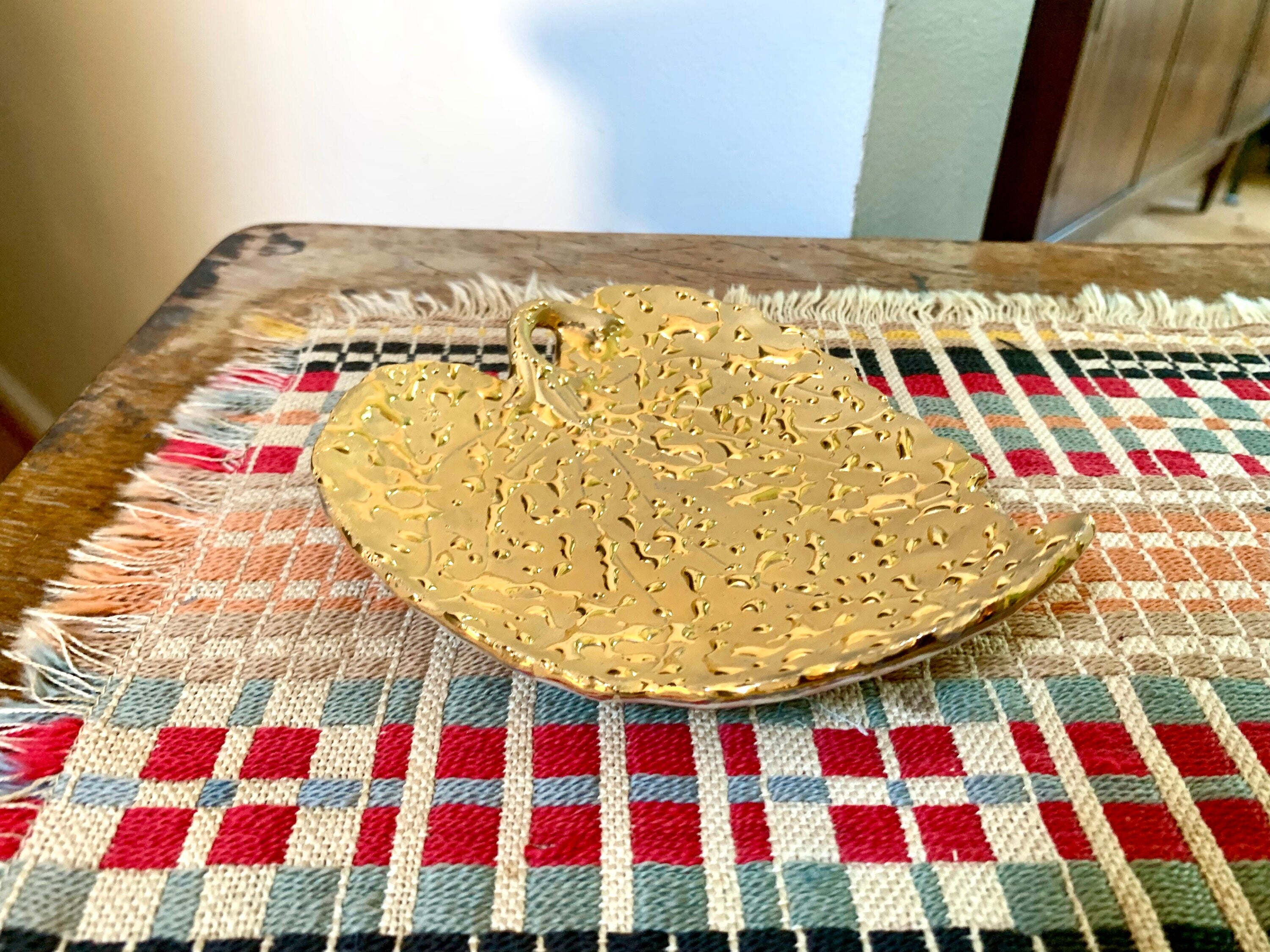 Vintage Weeping Bright 22k Gold Wet Leaf Dish | 22k Gold Leaf Trinket Tray | Porcelain Leaf Dish | Gold Leaf Trinket Tray | Vanity Dish