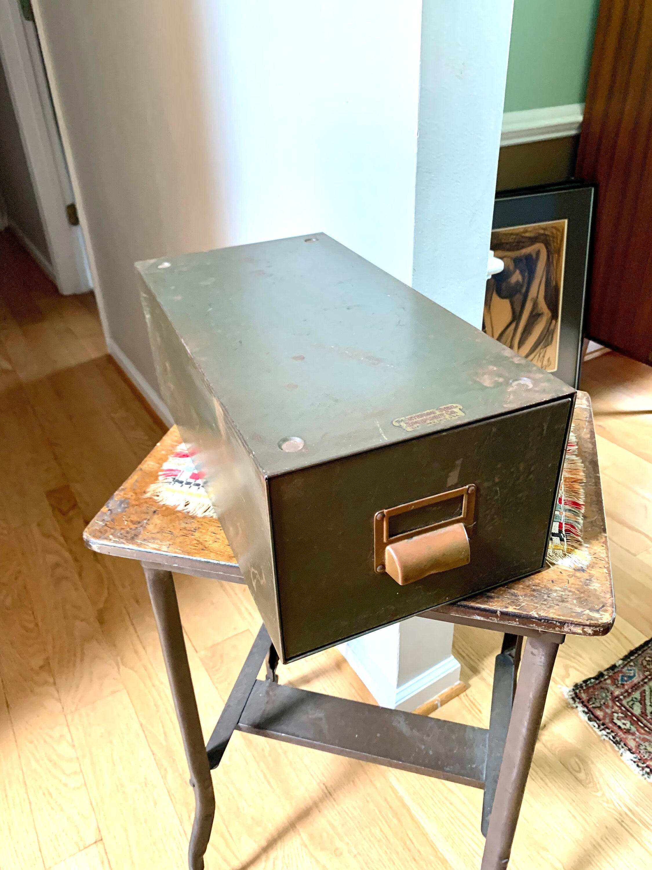 Vintage Metal Card Catalog Cabinet | The Interior Steel Equipment Company Metal Drawer | Rustic Metal Cabinet Drawer | Metal Storage Box