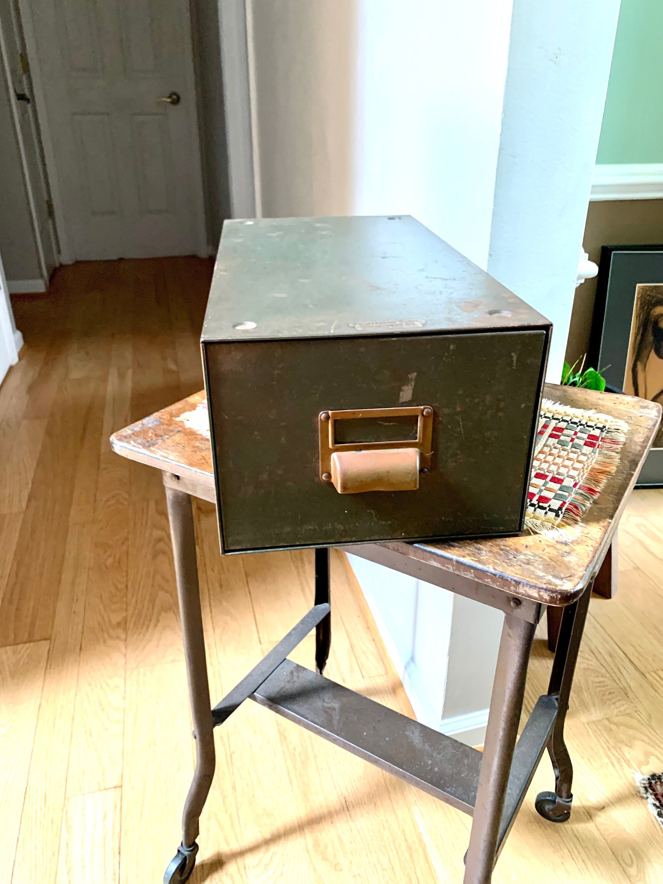 Vintage Metal Card Catalog Cabinet | The Interior Steel Equipment Company Metal Drawer | Rustic Metal Cabinet Drawer | Metal Storage Box