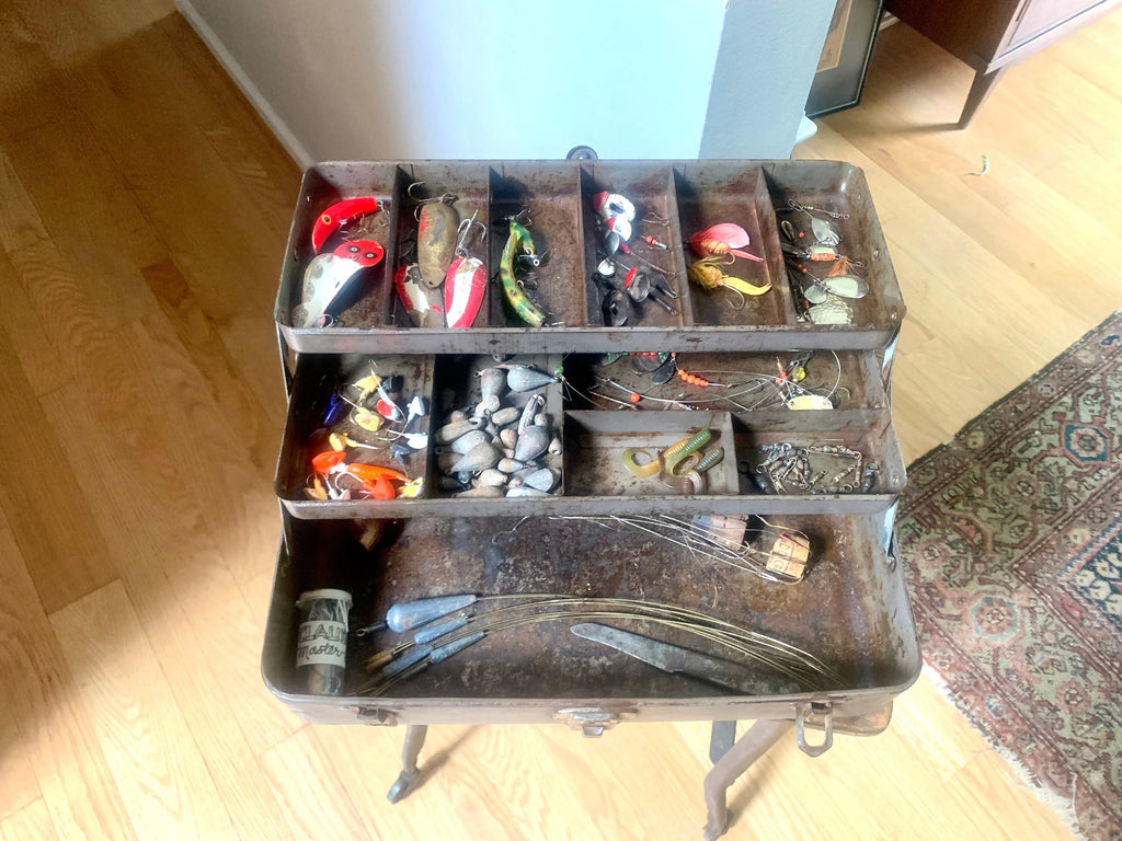 Rustic Grey Tackle Box With Contents | Distressed Tackle Box With Tackle | Gray Rustic Tackle Box With Distressed Tackle | Fishing Gear