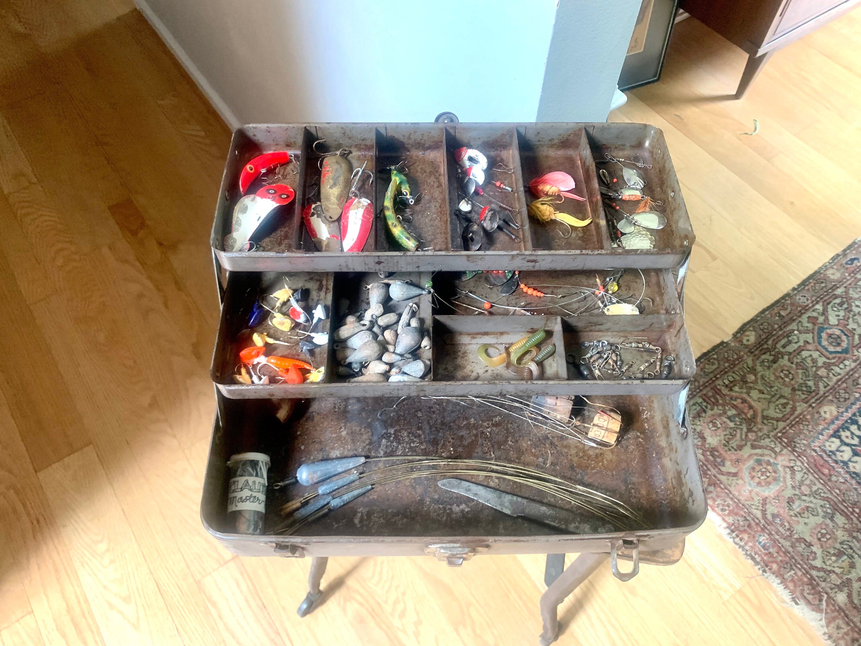 Rustic Grey Tackle Box With Contents | Distressed Tackle Box With Tackle | Gray Rustic Tackle Box With Distressed Tackle | Fishing Gear