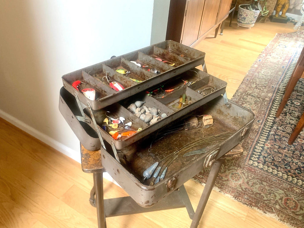 Rustic Grey Tackle Box With Contents | Distressed Tackle Box With Tackle | Gray Rustic Tackle Box With Distressed Tackle | Fishing Gear