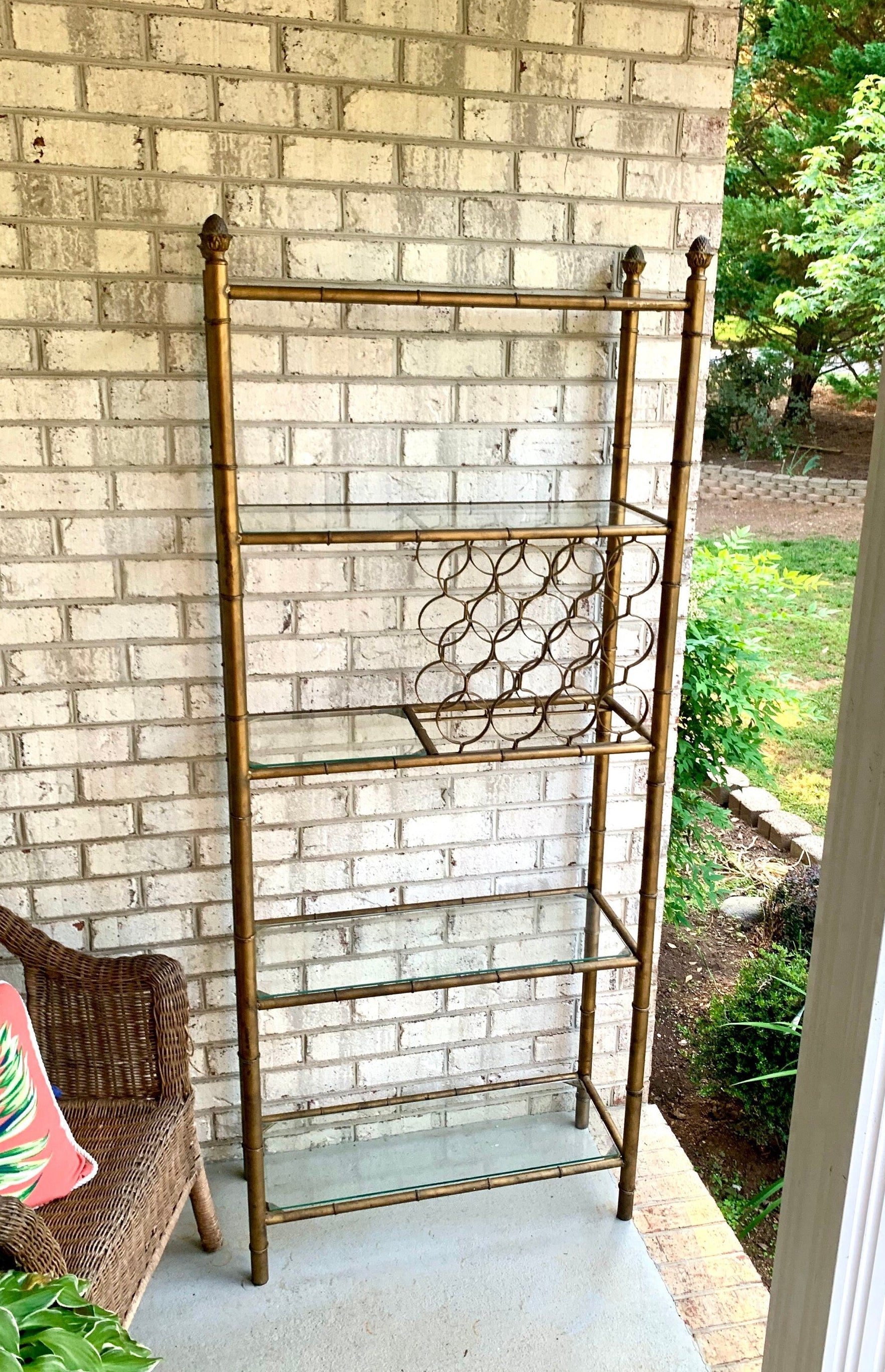 Faux Bamboo Metal Shelving Unit | Faux Bamboo Etagere With Acorn Finials| Gold MCM Shelving and Wine Rack | MCM Metal & Glass Shelf