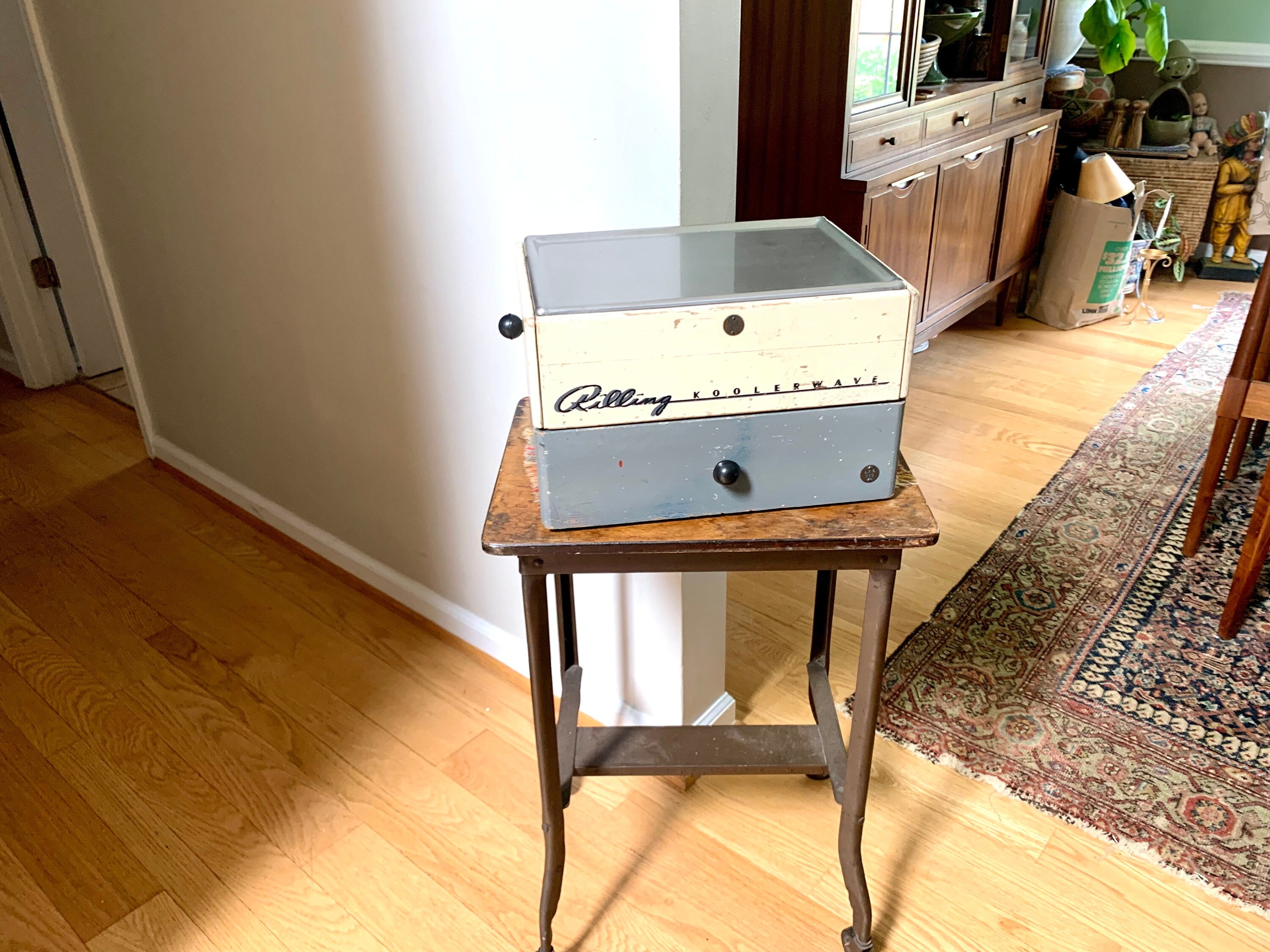 1940's Rilling Koolerwave Wood Salon Box | Vintage Rilling Three Drawer Hair Dressers Box | 1940's Storage Box | Stainless Steel Top Box