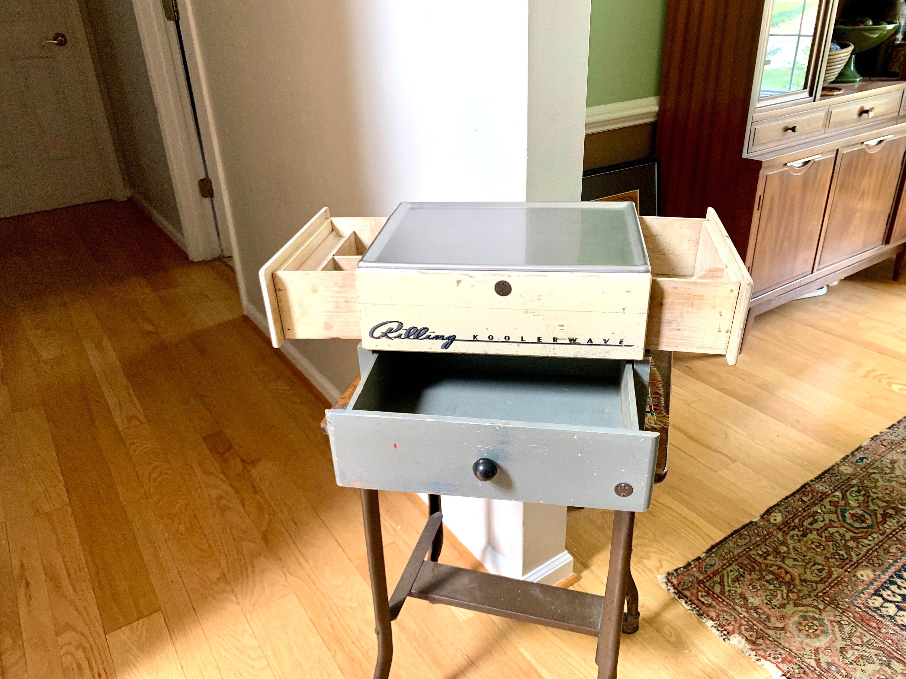 1940's Rilling Koolerwave Wood Salon Box | Vintage Rilling Three Drawer Hair Dressers Box | 1940's Storage Box | Stainless Steel Top Box