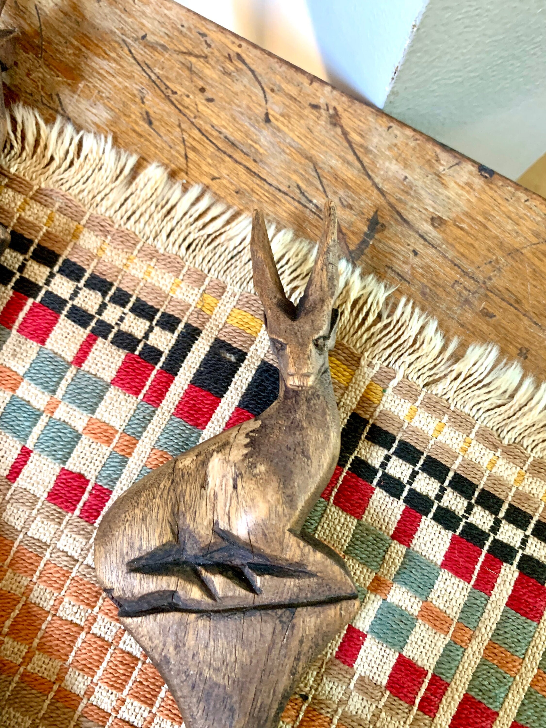 Vintage Hand Carved Wood Antelope Serving Utensils | Wooden Salad Fork and Spoon | Wood Antelope Utensils | MCM Antelope Fork and Spoon