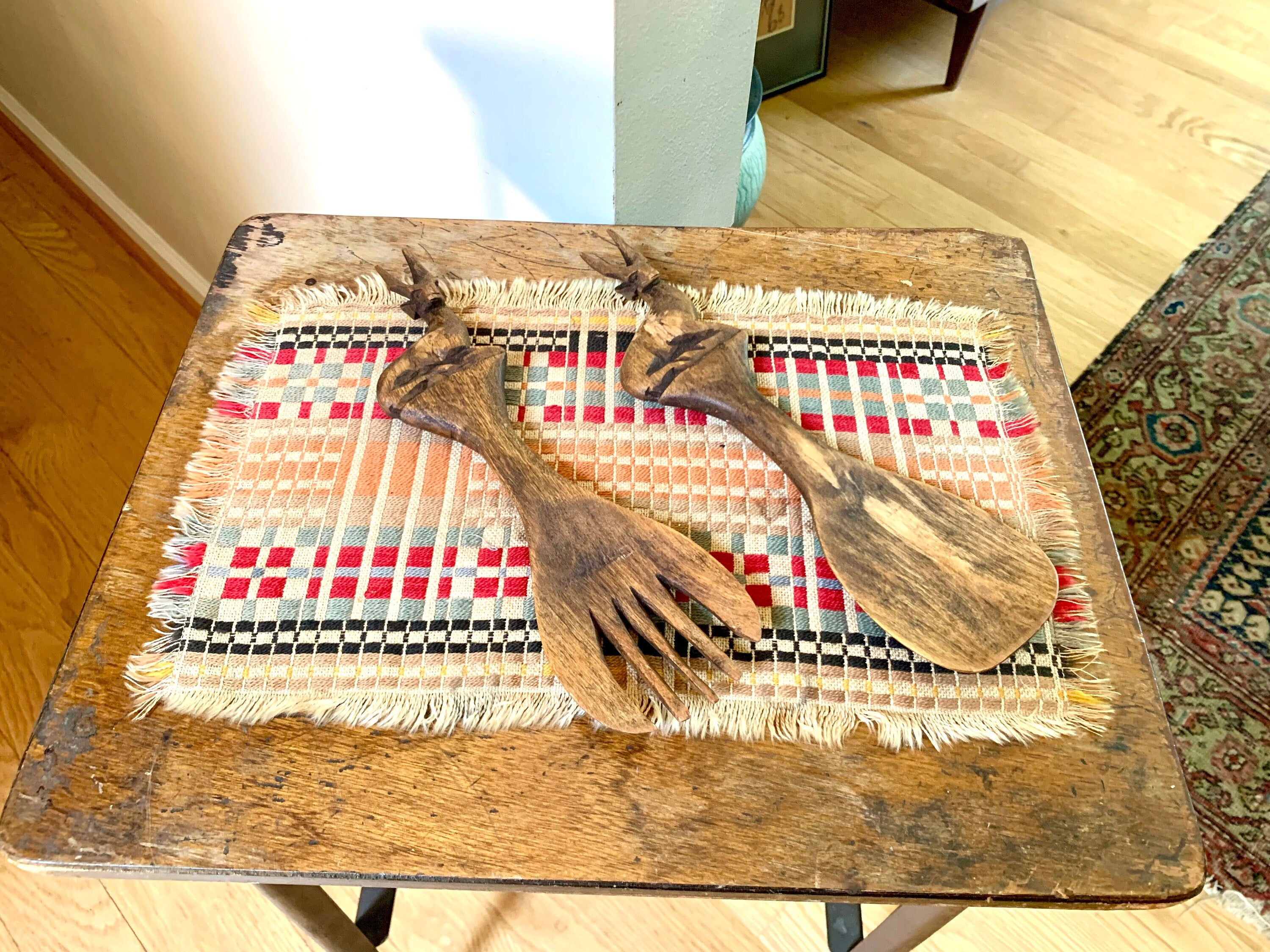 Vintage Hand Carved Wood Antelope Serving Utensils | Wooden Salad Fork and Spoon | Wood Antelope Utensils | MCM Antelope Fork and Spoon