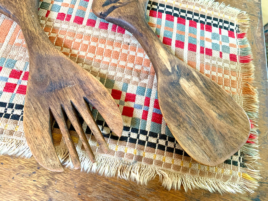 Vintage Hand Carved Wood Antelope Serving Utensils | Wooden Salad Fork and Spoon | Wood Antelope Utensils | MCM Antelope Fork and Spoon