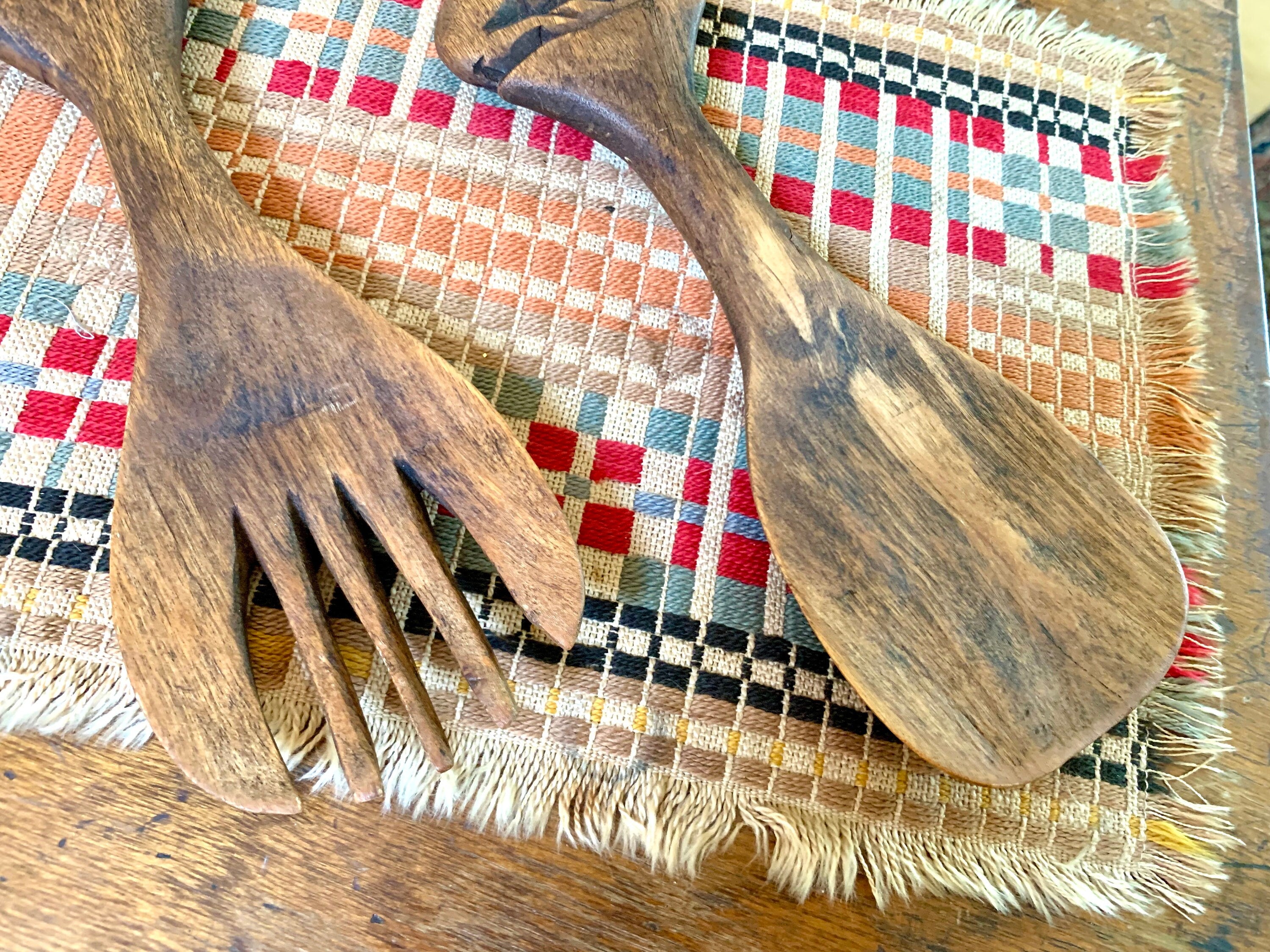 Vintage Hand Carved Wood Antelope Serving Utensils | Wooden Salad Fork and Spoon | Wood Antelope Utensils | MCM Antelope Fork and Spoon