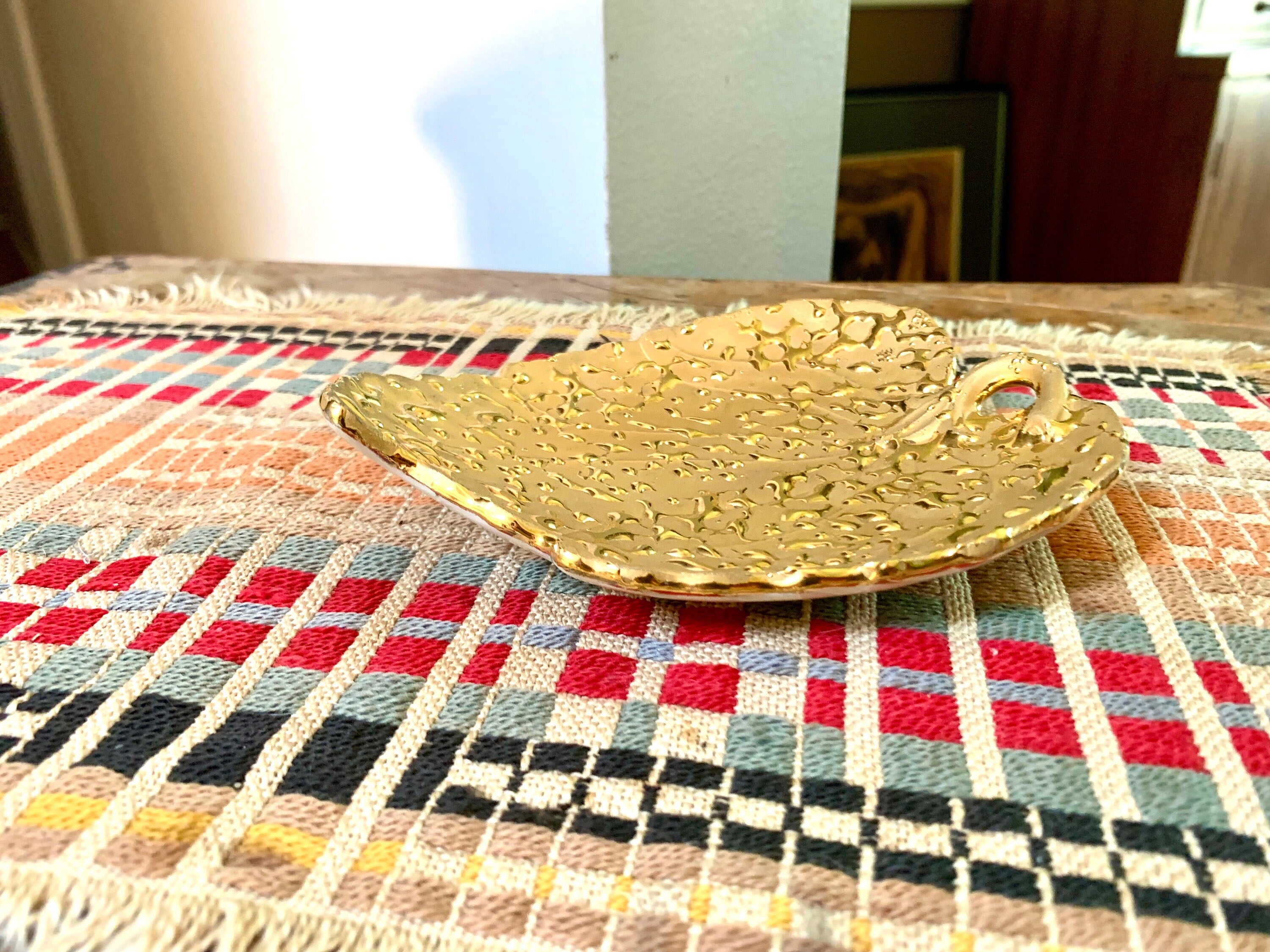 Vintage Weeping Bright 22k Gold Wet Leaf Dish | 22k Gold Leaf Trinket Tray | Porcelain Leaf Dish | Gold Leaf Trinket Tray | Vanity Dish