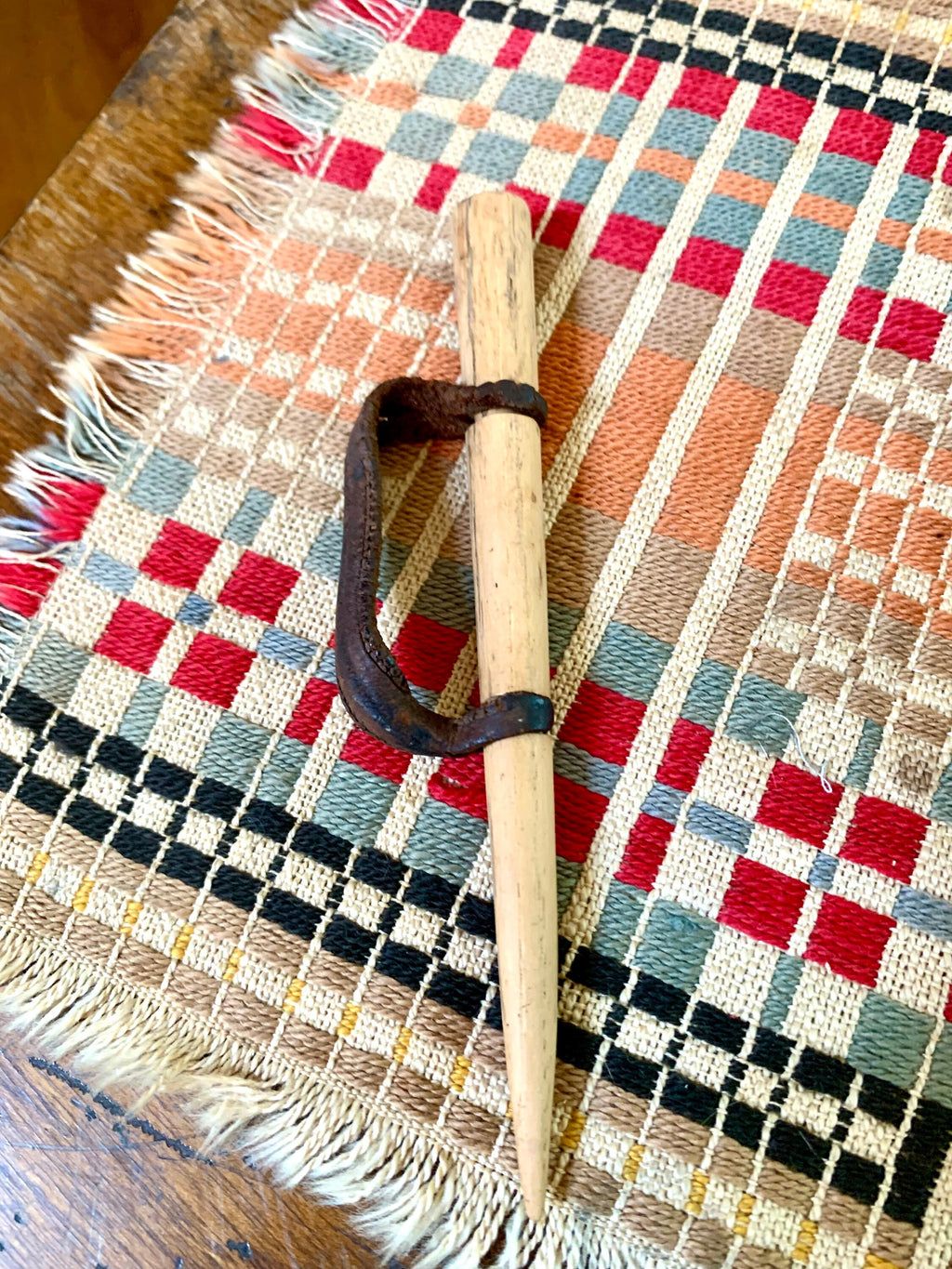 Antique Primitive Wood Corn Husking Pegs | Wood Handheld Corn Huskers with Original Leather Thumb Straps | Tradition Hand Made Corn Huskers