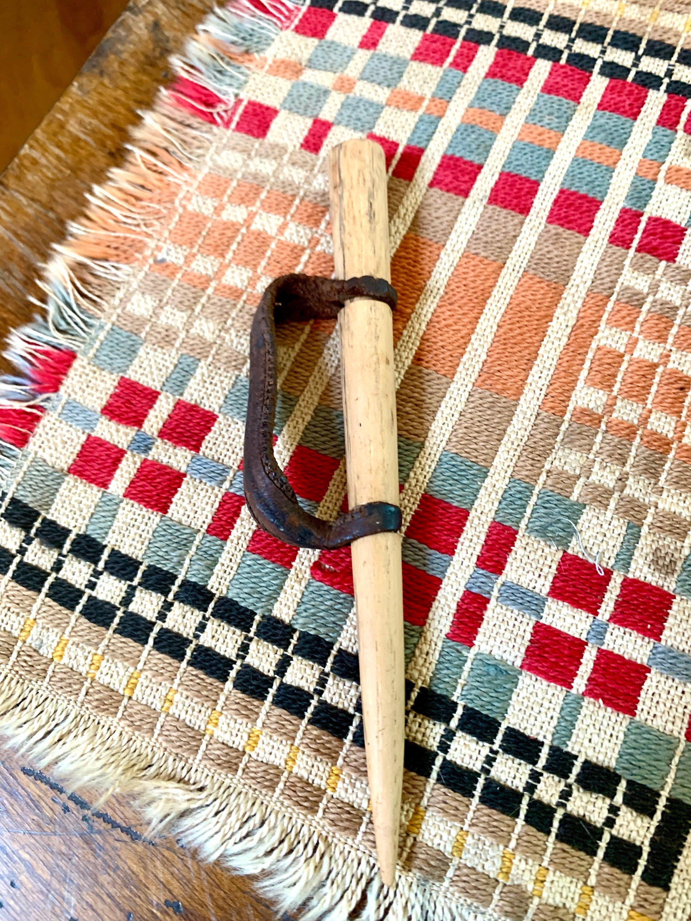 Antique Primitive Wood Corn Husking Pegs | Wood Handheld Corn Huskers with Original Leather Thumb Straps | Tradition Hand Made Corn Huskers