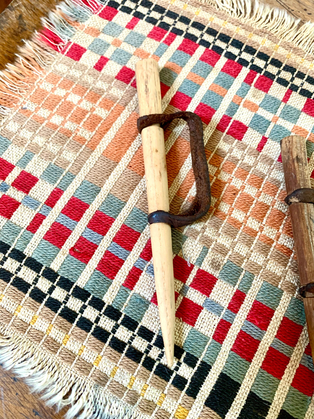 Antique Primitive Wood Corn Husking Pegs | Wood Handheld Corn Huskers with Original Leather Thumb Straps | Tradition Hand Made Corn Huskers