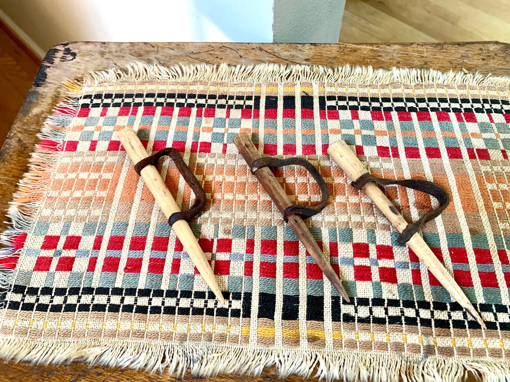 Antique Primitive Wood Corn Husking Pegs | Wood Handheld Corn Huskers with Original Leather Thumb Straps | Tradition Hand Made Corn Huskers