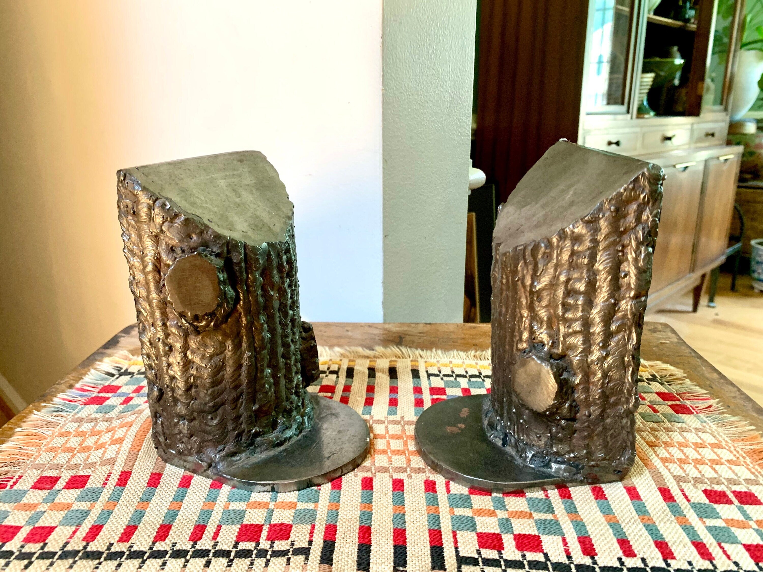 Metal Handmade Tree Trunk Bookends | Vintage Welded Metal Tree Trunk Bookends | Metal Tree Trunk Door Stops | Folk Art Tree Bookends