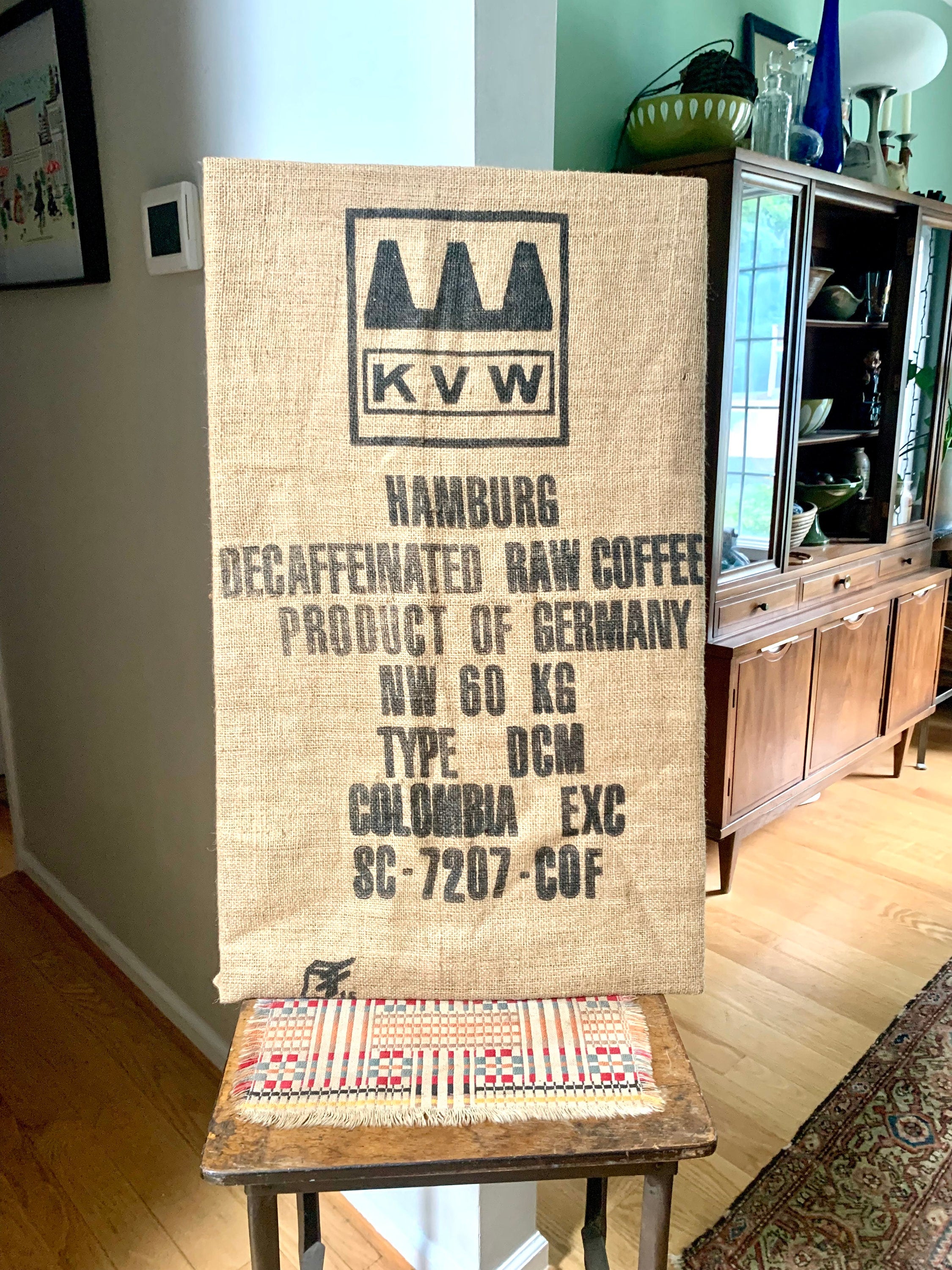 KVW Coffee Bean Burlap Sack | Vintage Product of Germany Coffee Sack | Cafe Decor | KVW Hamburg Coffee Bean Burlap Sack | Cafe Wall Art