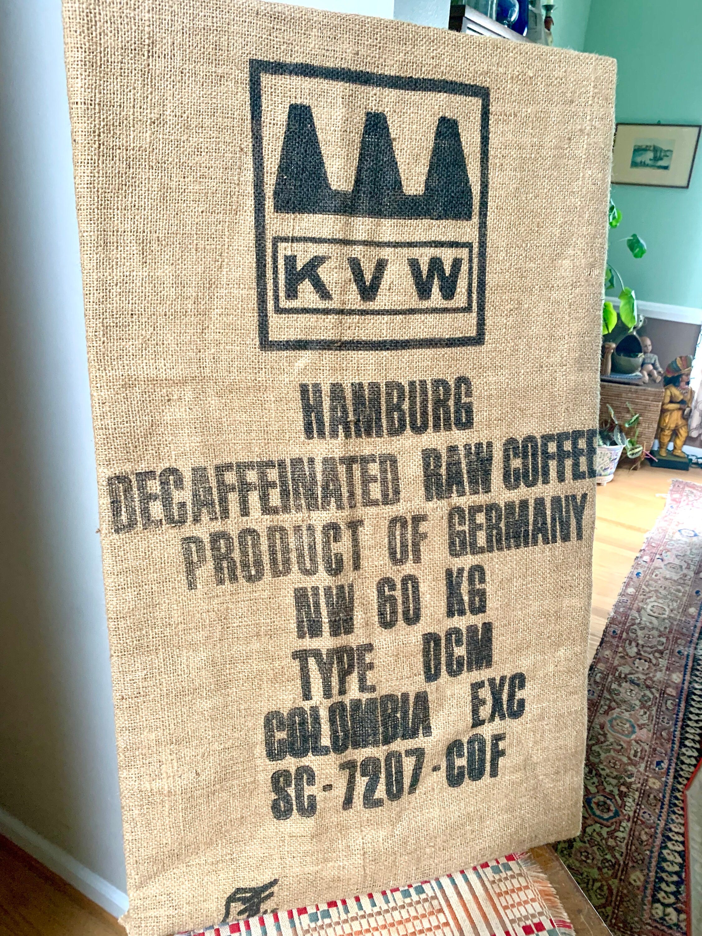 KVW Coffee Bean Burlap Sack | Vintage Product of Germany Coffee Sack | Cafe Decor | KVW Hamburg Coffee Bean Burlap Sack | Cafe Wall Art