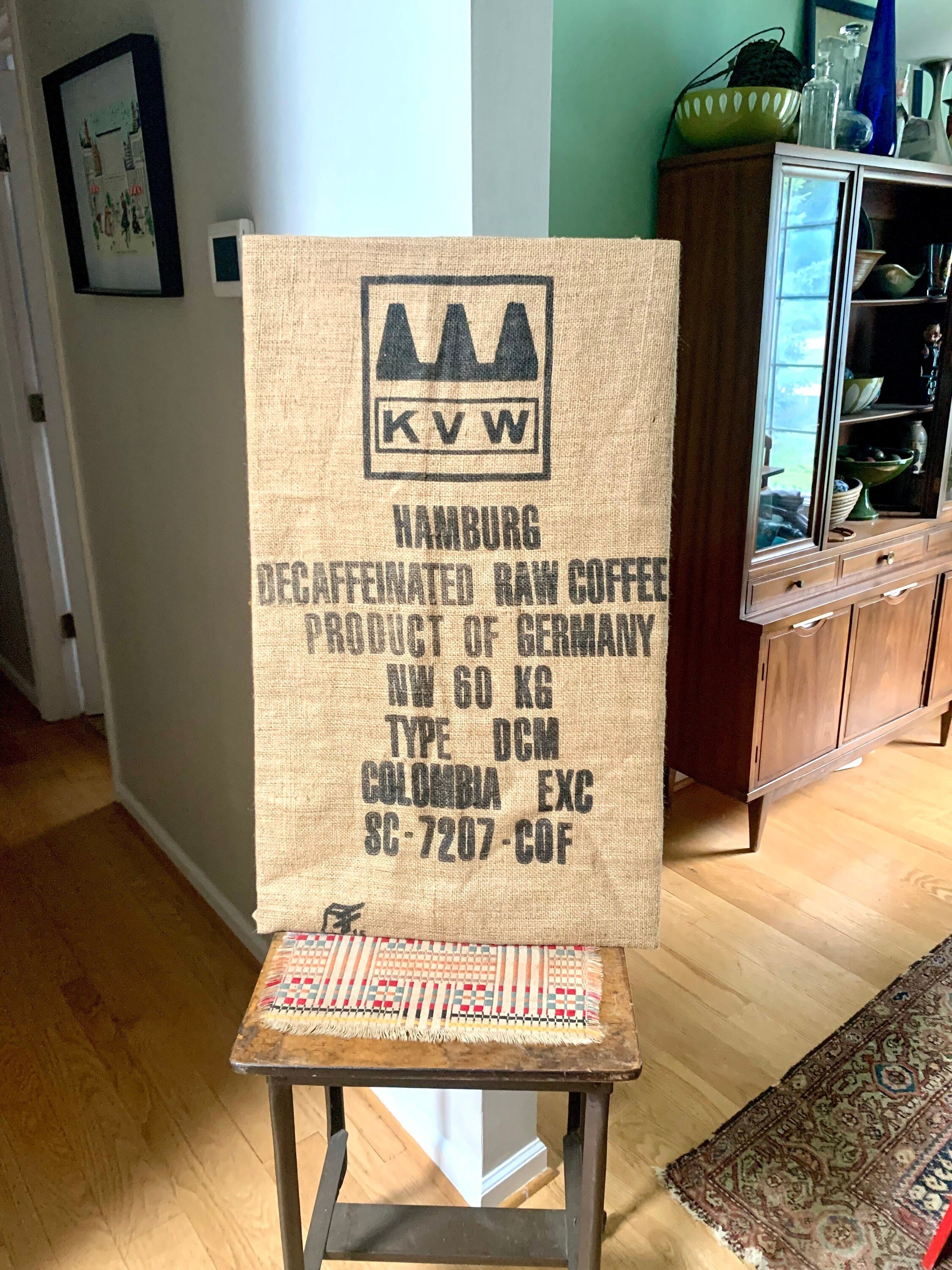KVW Coffee Bean Burlap Sack | Vintage Product of Germany Coffee Sack | Cafe Decor | KVW Hamburg Coffee Bean Burlap Sack | Cafe Wall Art