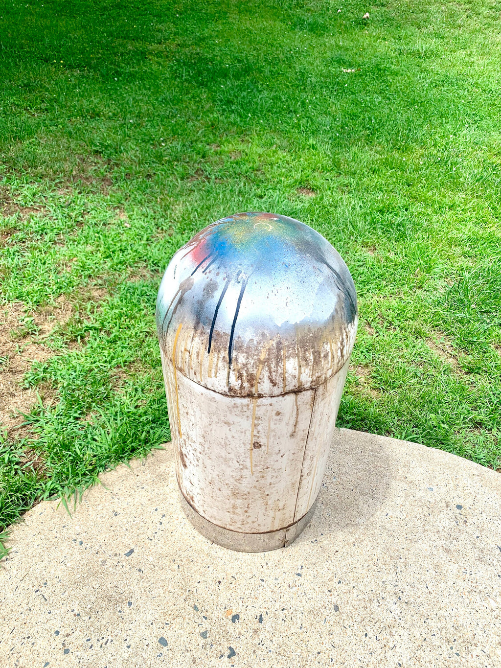 1950's Metal Bullet Trash Can | Vintage Distressed MCM Trash Can | Rustic Torpedo Trash Can | Cone Dome Trash Can | Dome Top Industrial Can