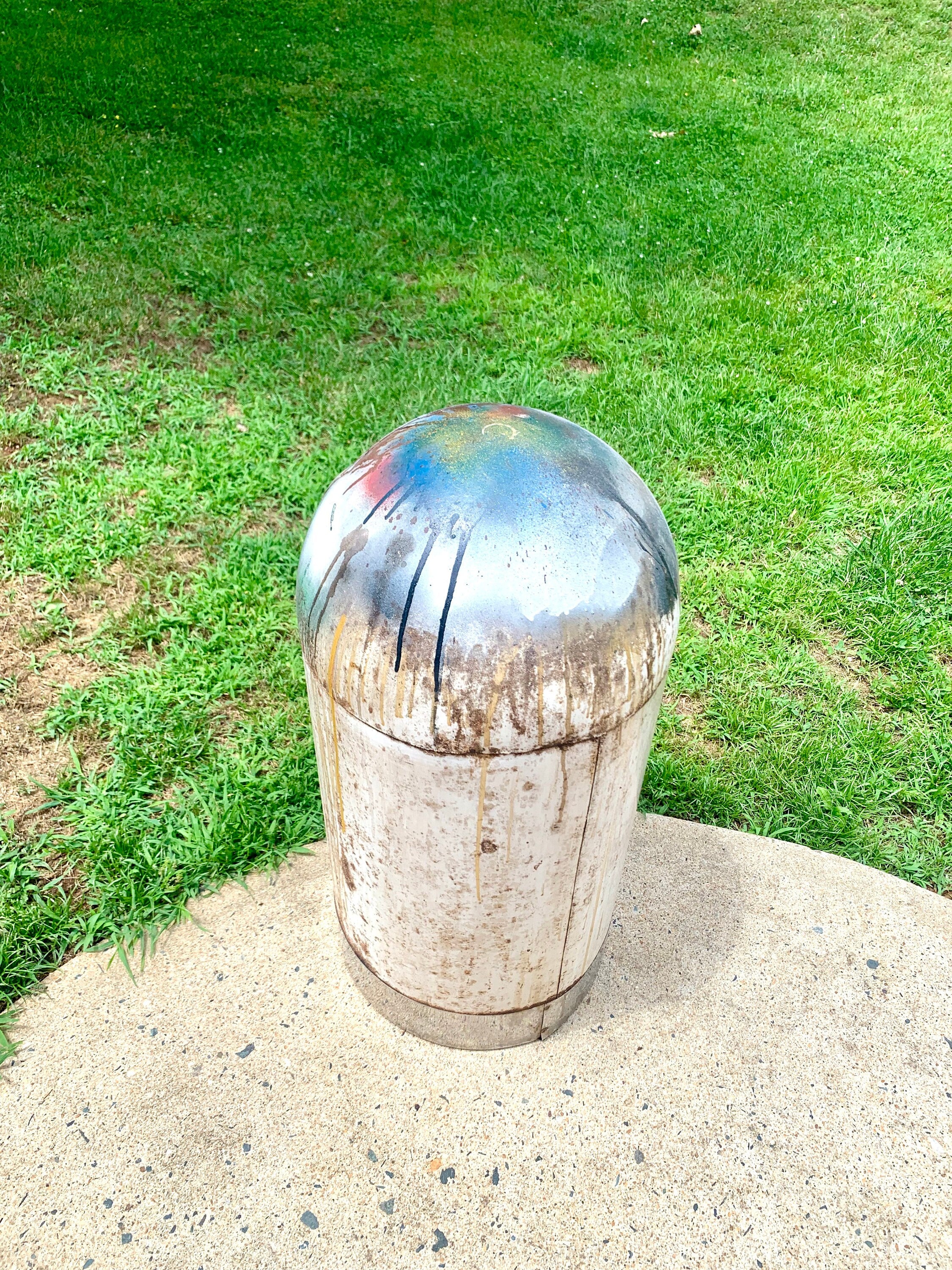 1950's Metal Bullet Trash Can | Vintage Distressed MCM Trash Can | Rustic Torpedo Trash Can | Cone Dome Trash Can | Dome Top Industrial Can