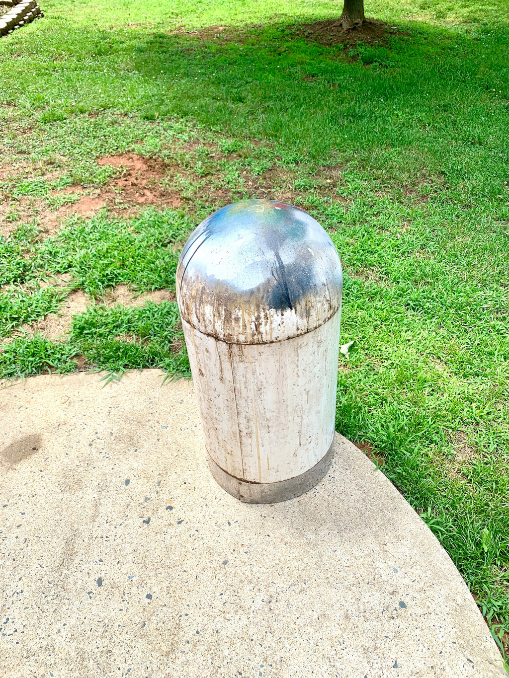 1950's Metal Bullet Trash Can | Vintage Distressed MCM Trash Can | Rustic Torpedo Trash Can | Cone Dome Trash Can | Dome Top Industrial Can