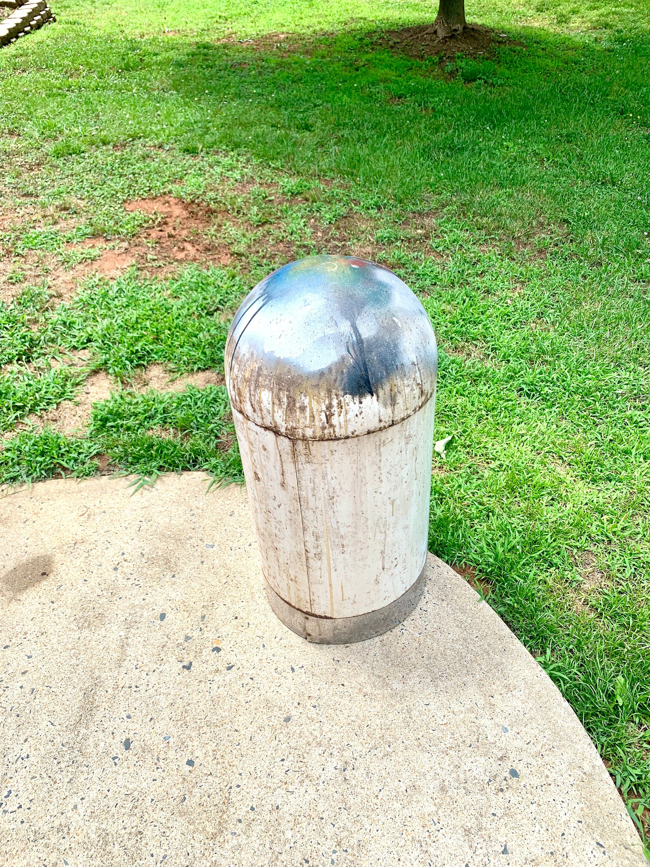1950's Metal Bullet Trash Can | Vintage Distressed MCM Trash Can | Rustic Torpedo Trash Can | Cone Dome Trash Can | Dome Top Industrial Can