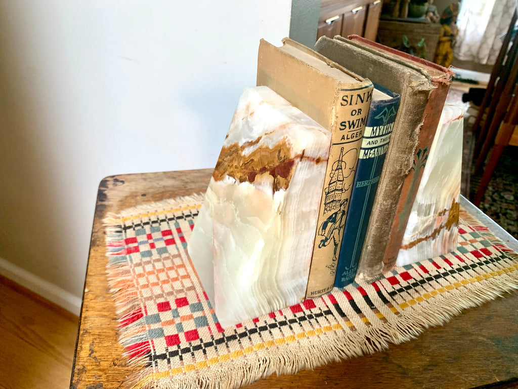 Raw Marble Bookends | Vintage Large Marble Bookends | Wedge Onyx Bookends | 6" Tan Onyx MCM Bookends | Modernist Onyx Bookends