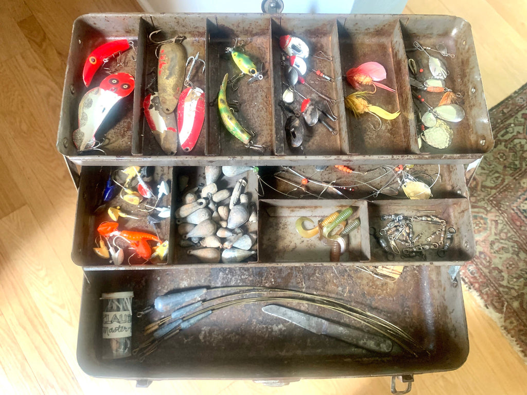 Rustic Grey Tackle Box With Contents | Distressed Tackle Box With Tackle | Gray Rustic Tackle Box With Distressed Tackle | Fishing Gear