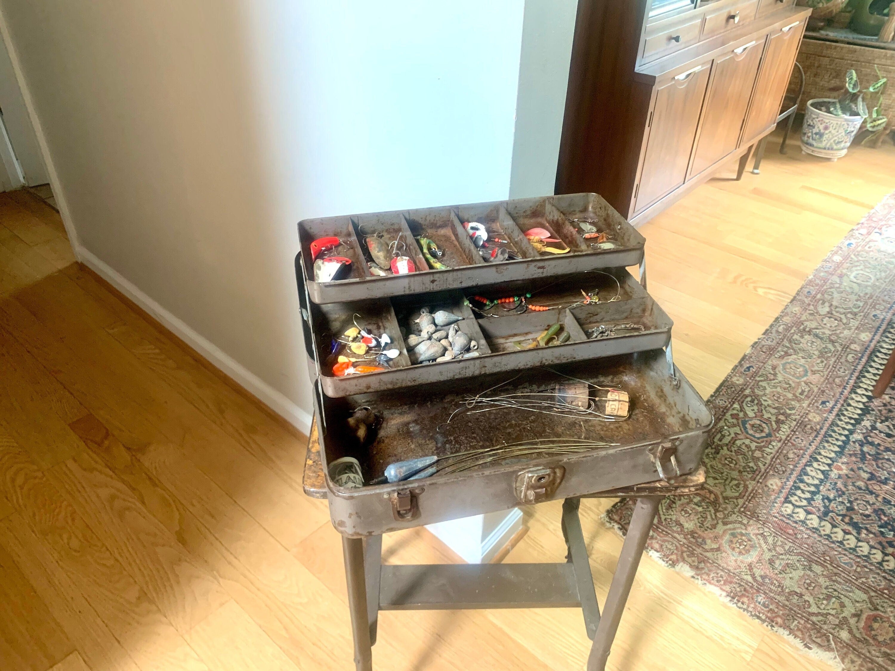 Rustic Grey Tackle Box With Contents | Distressed Tackle Box With Tackle | Gray Rustic Tackle Box With Distressed Tackle | Fishing Gear