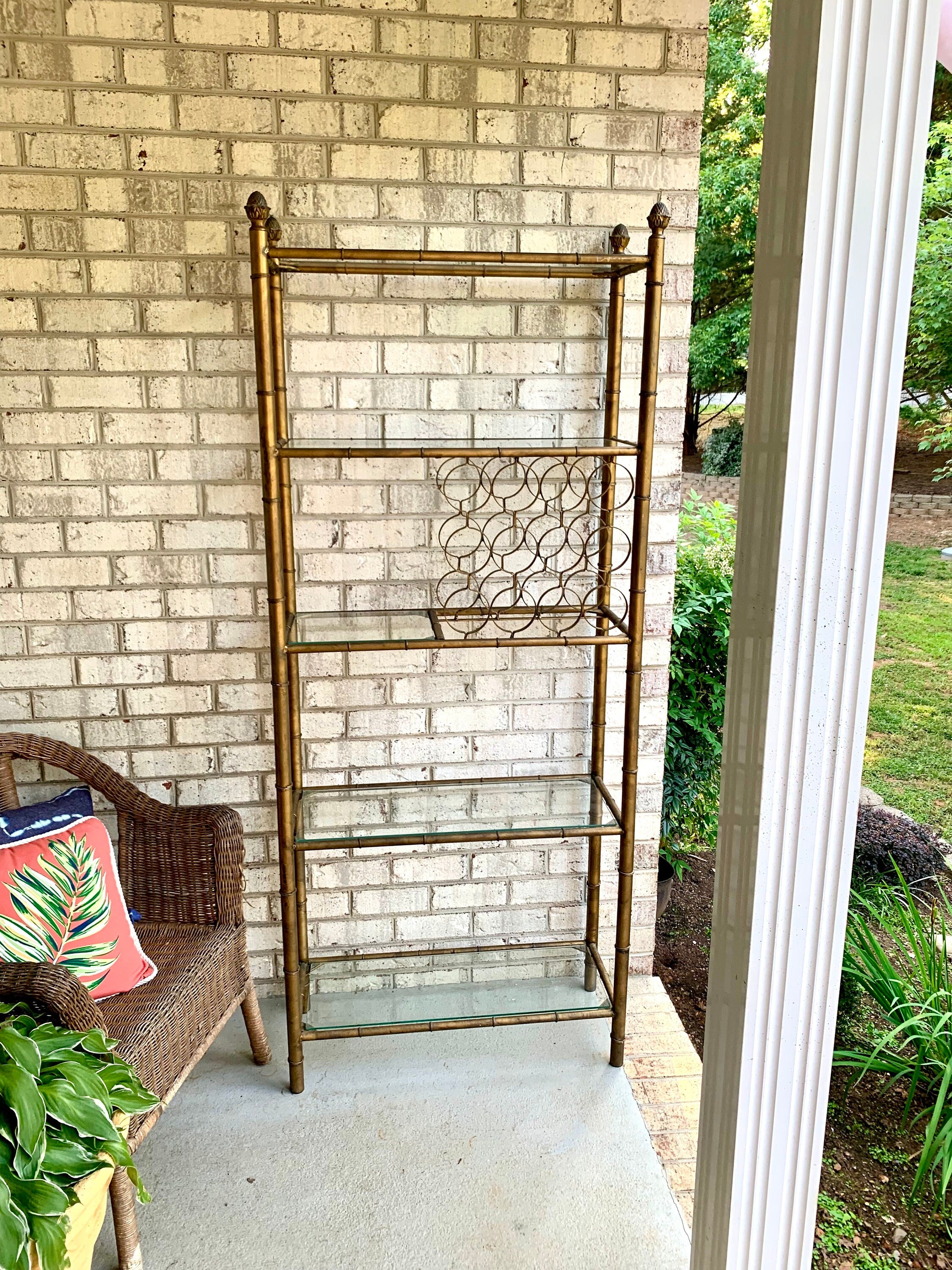 Faux Bamboo Metal Shelving Unit | Faux Bamboo Etagere With Acorn Finials| Gold MCM Shelving and Wine Rack | MCM Metal & Glass Shelf