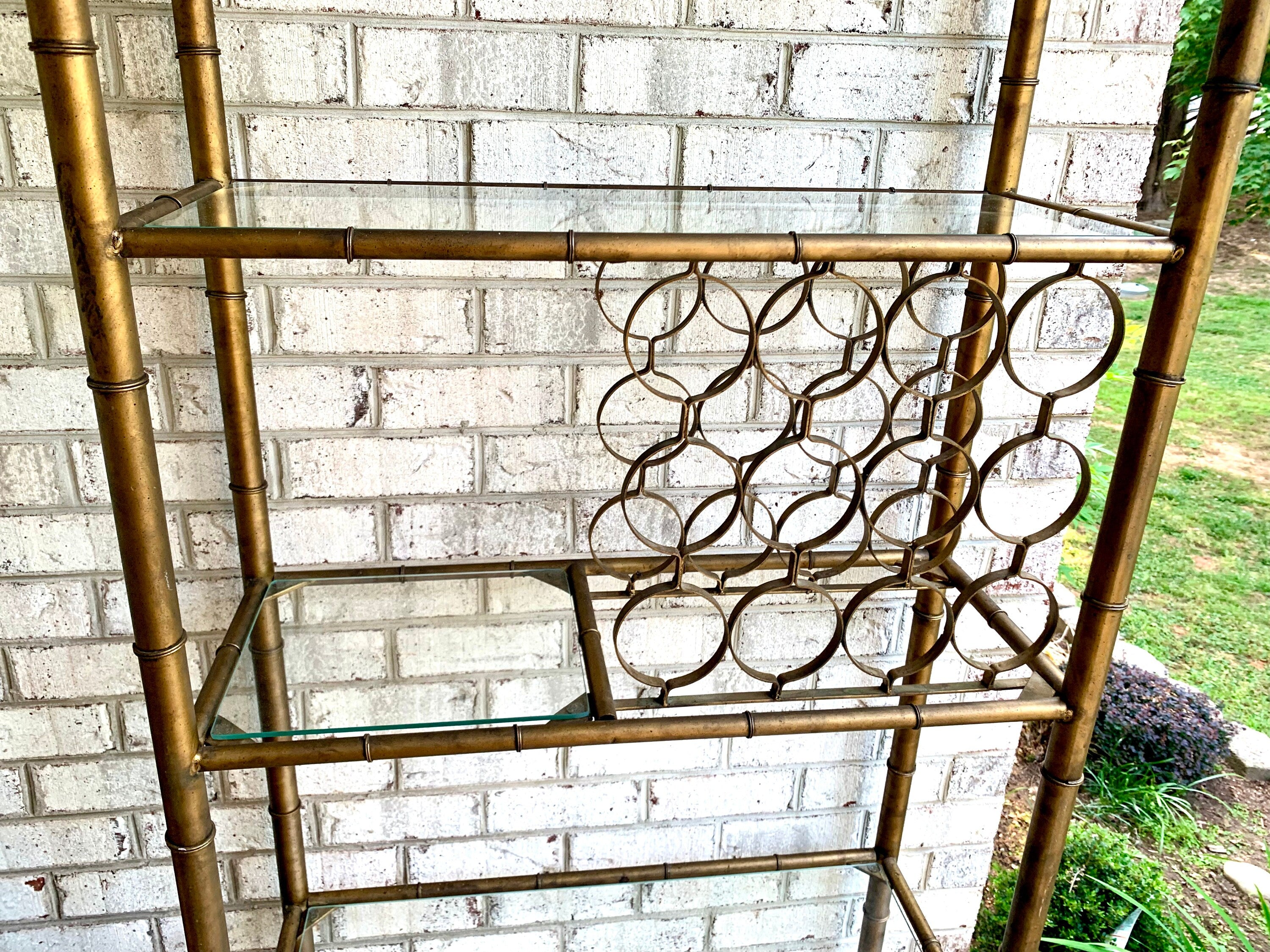 Faux Bamboo Metal Shelving Unit | Faux Bamboo Etagere With Acorn Finials| Gold MCM Shelving and Wine Rack | MCM Metal & Glass Shelf